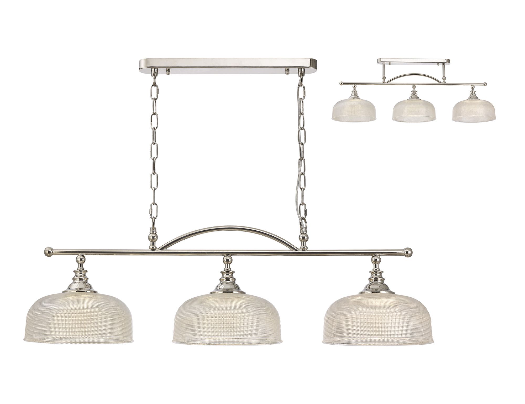 Elisha Semi Flush/Pendant Bar, 3 Light Adjustable E27, Polished Nickel/Prismatic Glass