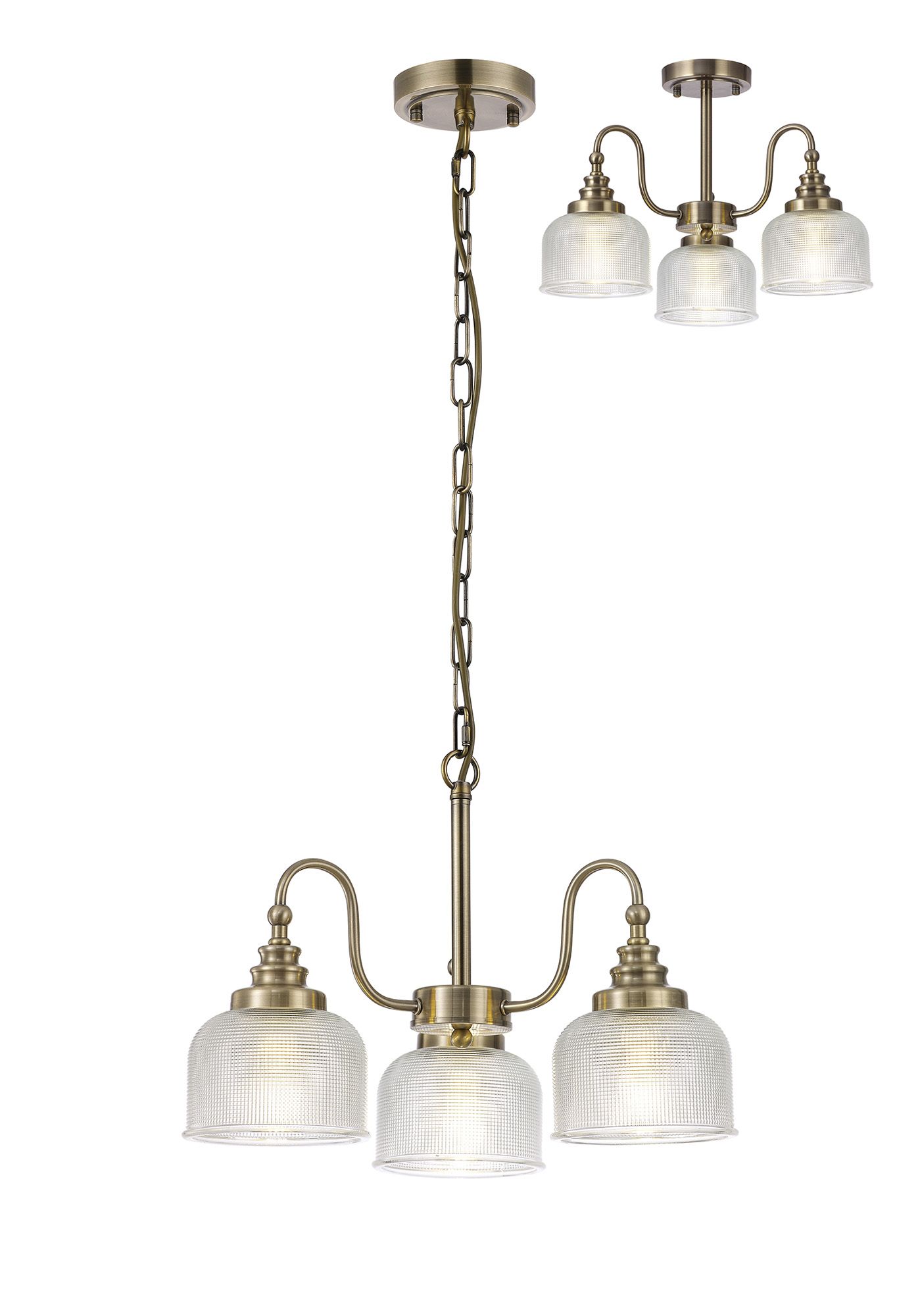 Elisha 47cm Semi Flush/Pendant, 3 Light E27, Antique Brass/Prismatic Glass