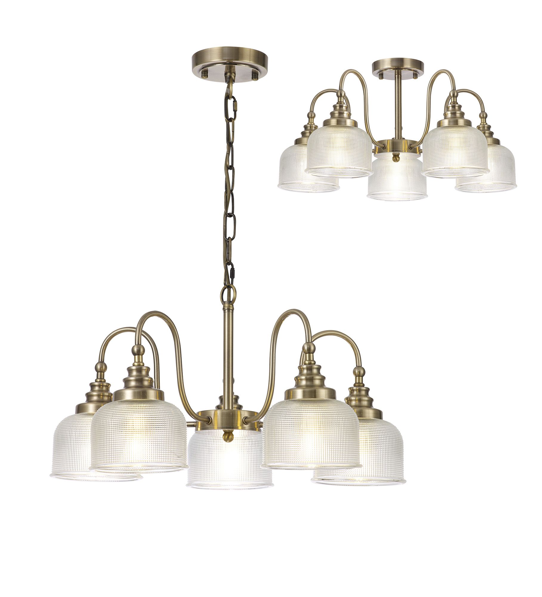 Elisha 57cm Semi Flush/Pendant, 5 Light E27, Antique Brass/Prismatic Glass