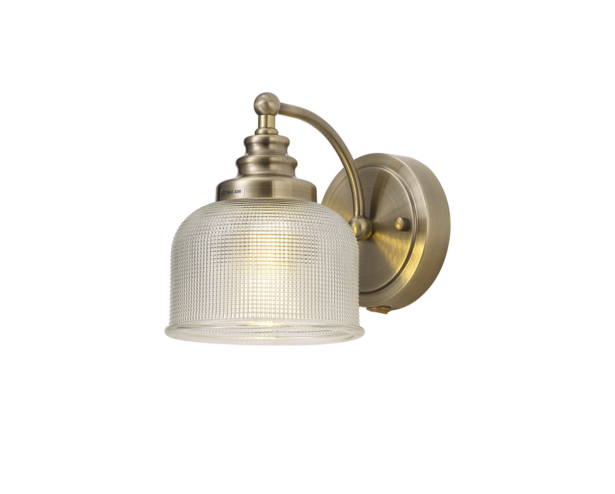 Elisha Switched Wall Light, 1 Light E27 Antique Brass/Prismatic Glass