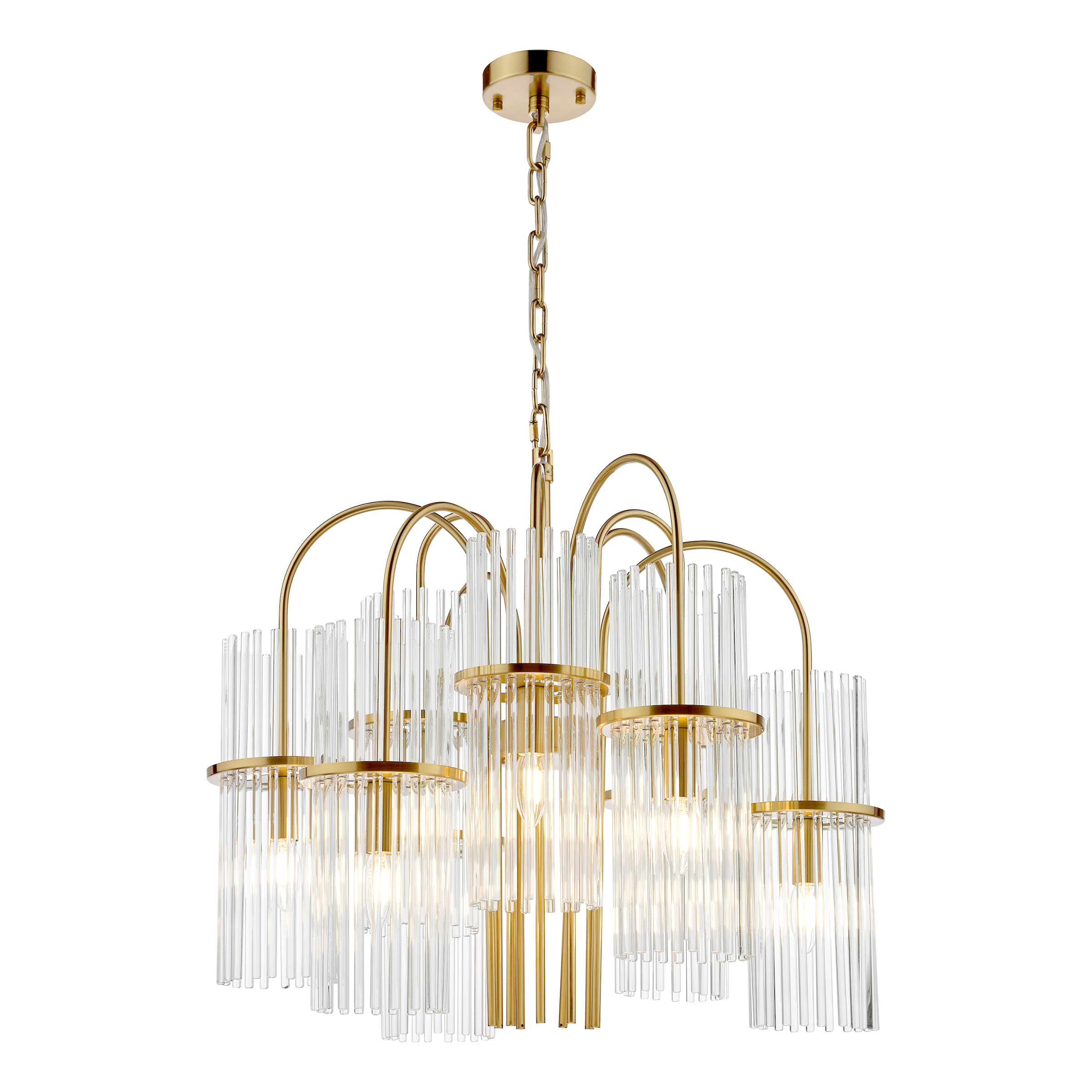 Solsticio 9 Light E14 Natural Brass Adjustable Chandelier With Glass Rods