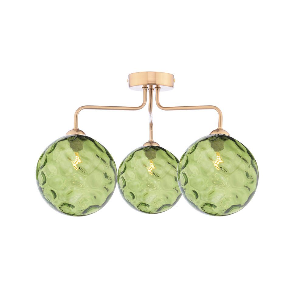 Mármol 3 Light G9 Antique Bronze Semi Flush Ceiling Light C/W Green Dimpled Glass Shades