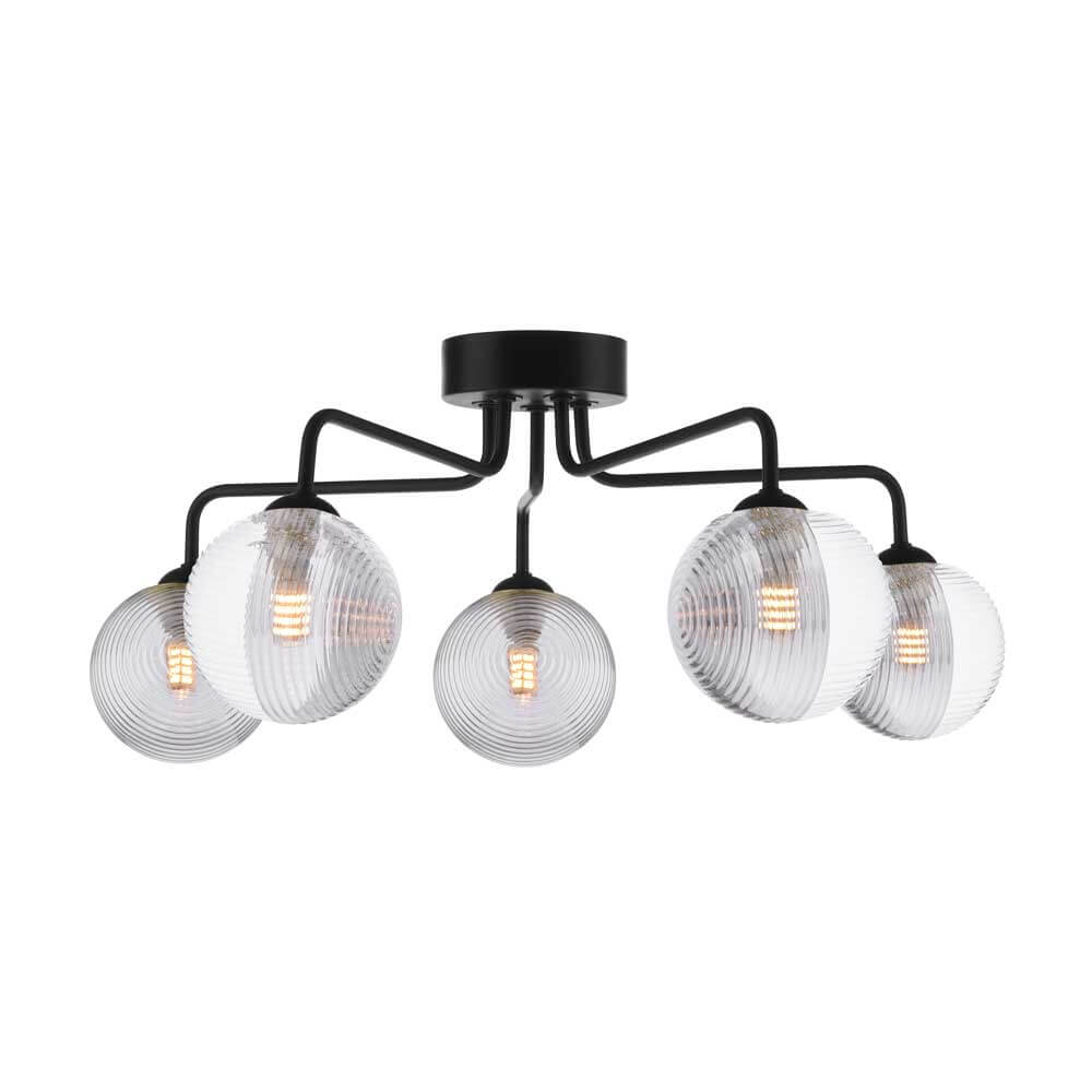 Mármol 5 Light G9 Black Semi Flush Ceiling Light C/W 10cm Smoked & Clear Ribbed Glass Shades