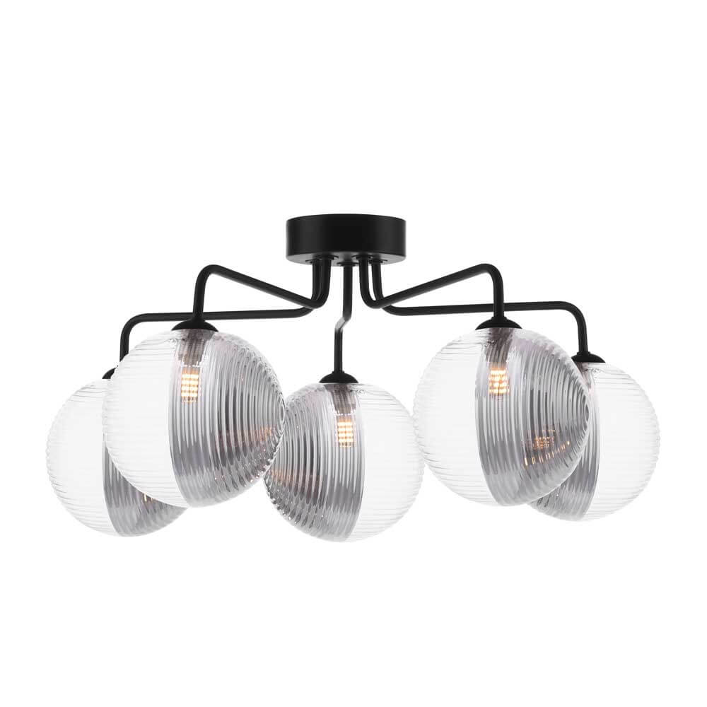 Mármol 5 Light G9 Black Semi Flush Ceiling Light C/W 15cm Smoked & Clear Ribbed Glass Shades
