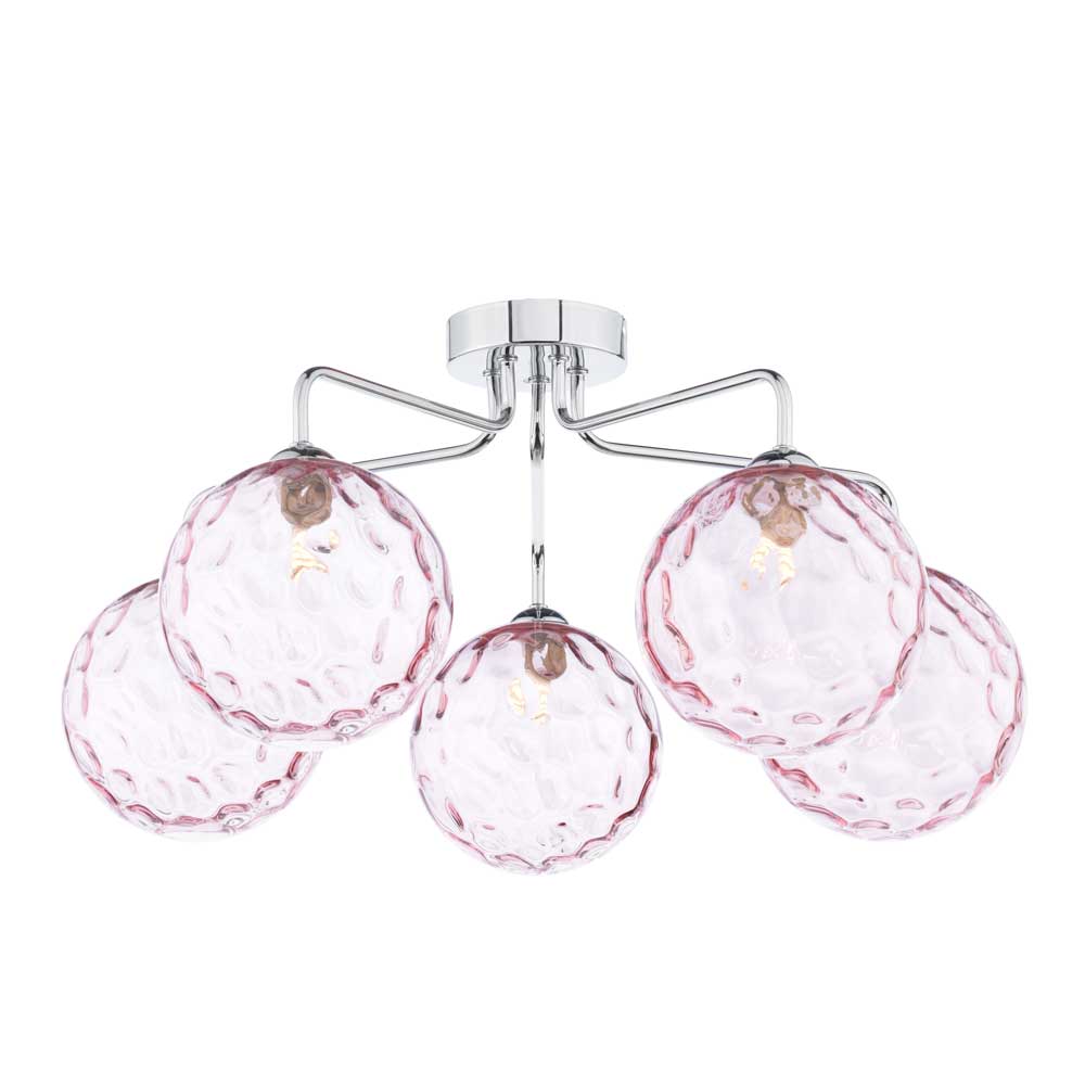 Mármol 5 Light G9 Polished Chrome Semi Flush Ceiling Light C/W Pink Dimpled Glass Shades