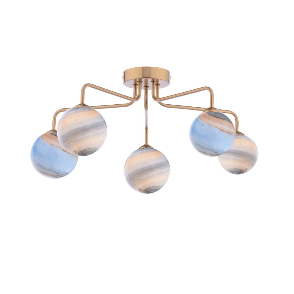 Mármol 5 Light G9 Antique Bronze Semi Flush Ceiling Light C/W Planet Style Glass Shade