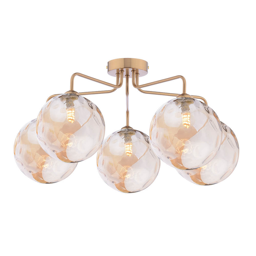 Mármol 5 Light G9 Antique Bronze Semi Flush Ceiling Light C/W Champagne Dimpled Glass Shades