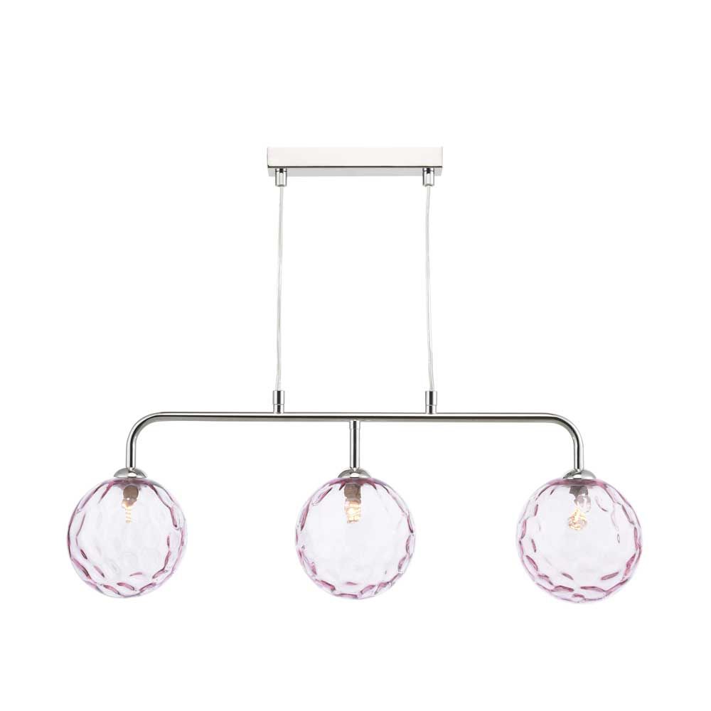 Mármol 3 Light G9 Polished Chrome Adjustable Linear Bar Pendant C/W Pink Dimpled Glass Shades