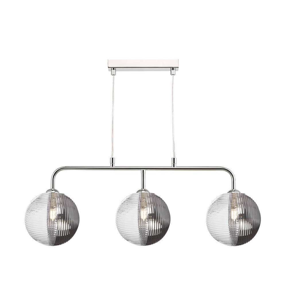 Mármol 3 Light G9 Polished Chrome Adjustable Linear Bar Pendant C/W 15cm Smoked & Clear Ribbed Glass Shades