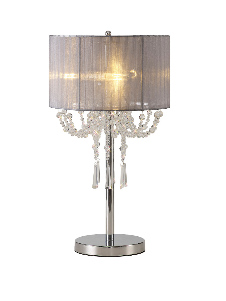 Freida Crystal Table Lamp With Grey Shade 3 Light E14 Polished Chrome
