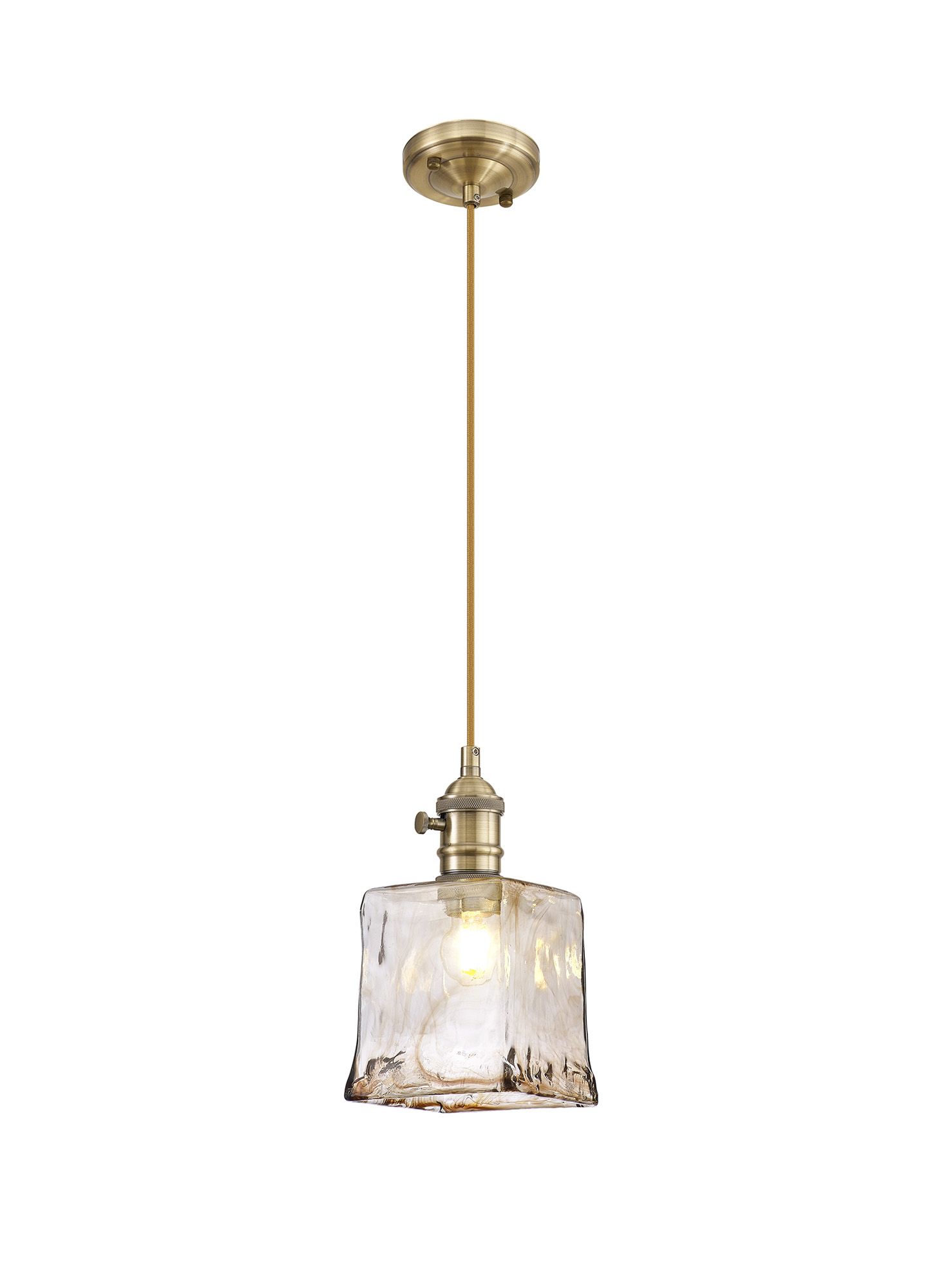 Frida Switched Pendant 1.5m, 1 x E27, Antique Brass / Golden Brown Braided Cable / Brown Square Glass