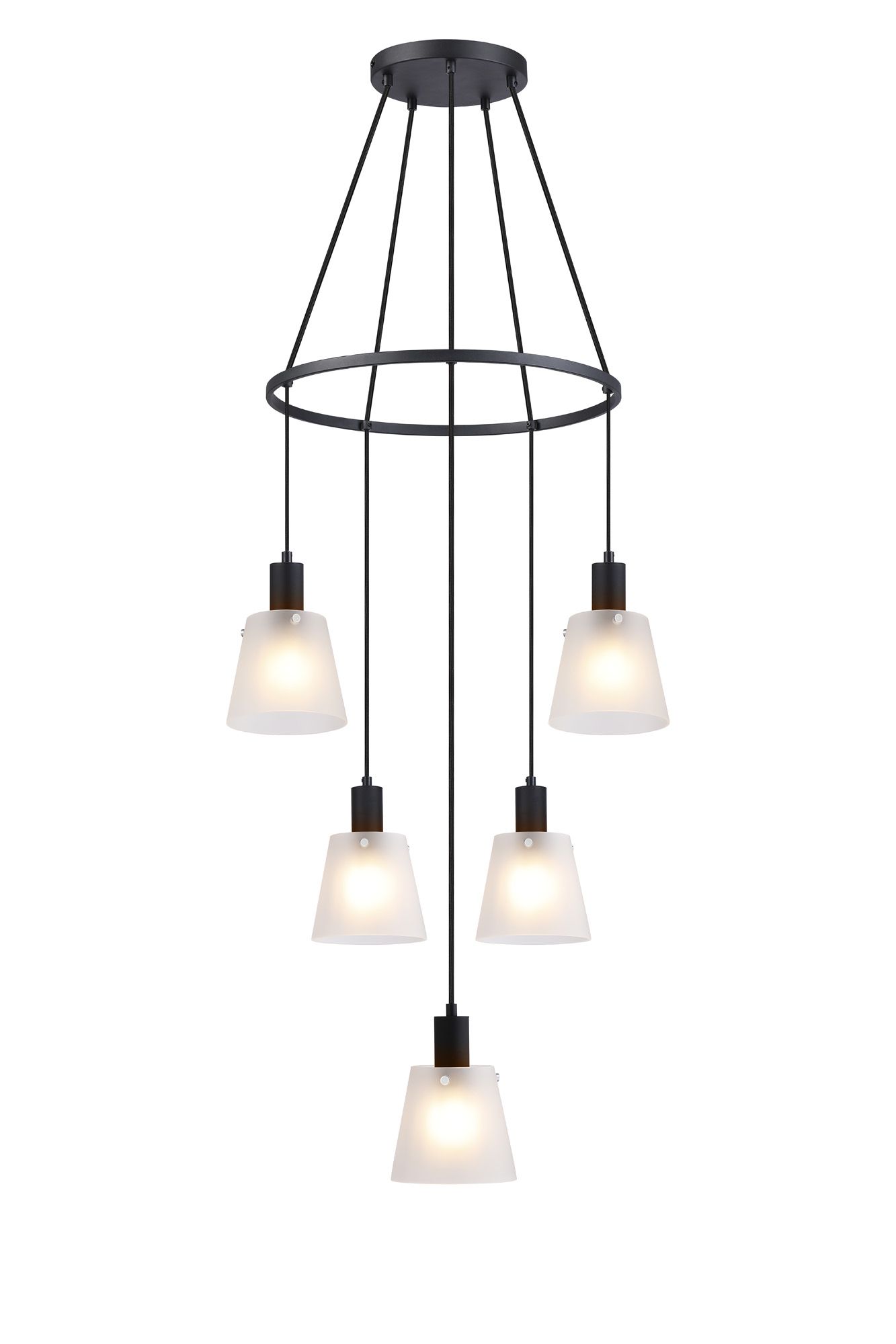 Galli 61cm Ring Pendant With 16cm x 14cm Shade, 5 Light E27, Sand Black/Frosted White Glass Shade