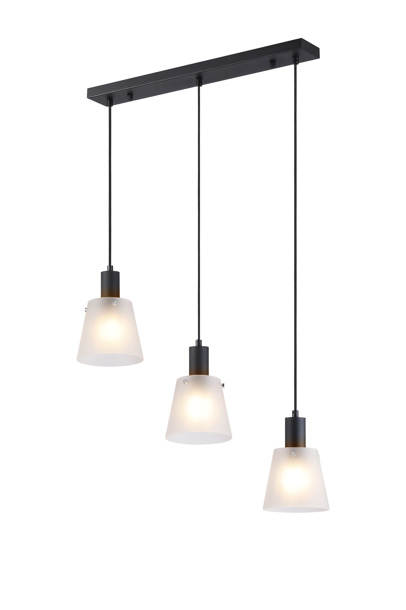 Galli Linear Pendant With 16cm x 14cm Shade, 3 Light E27, Sand Black/Frosted White Glass Shade