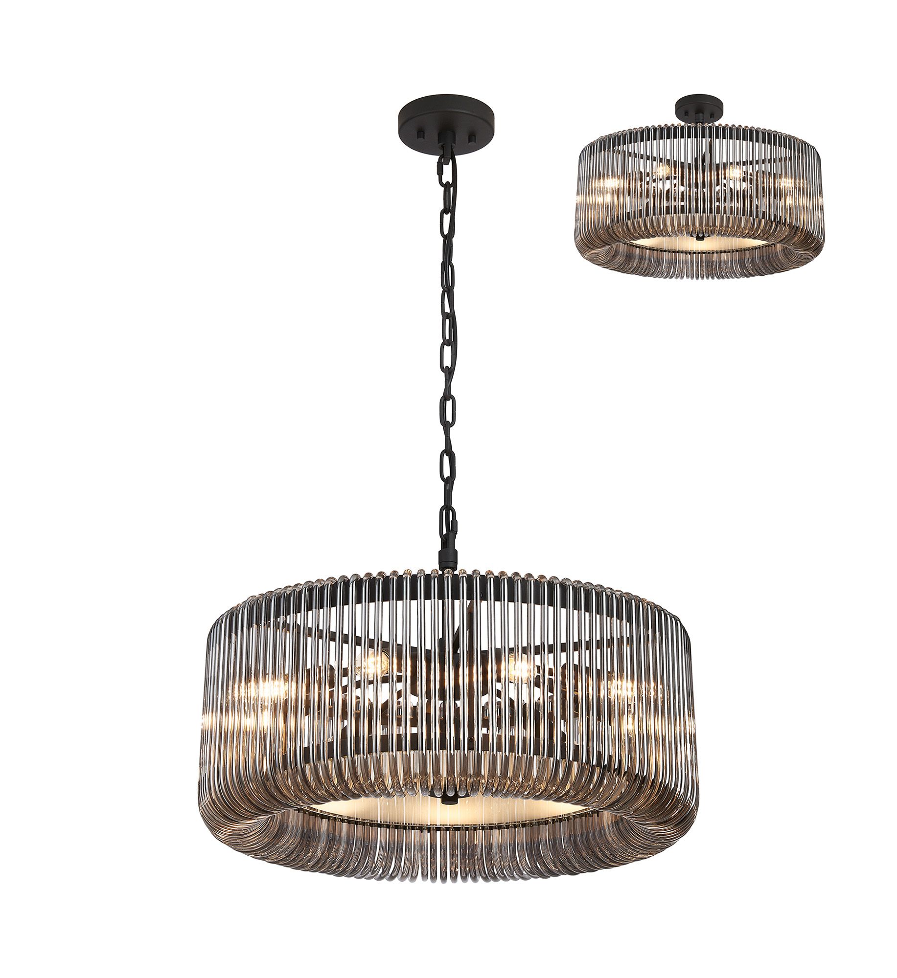 Guzzini 60cm Round Pendant/Semi Ceiling, 9 x E14, Black/Smoke Glass