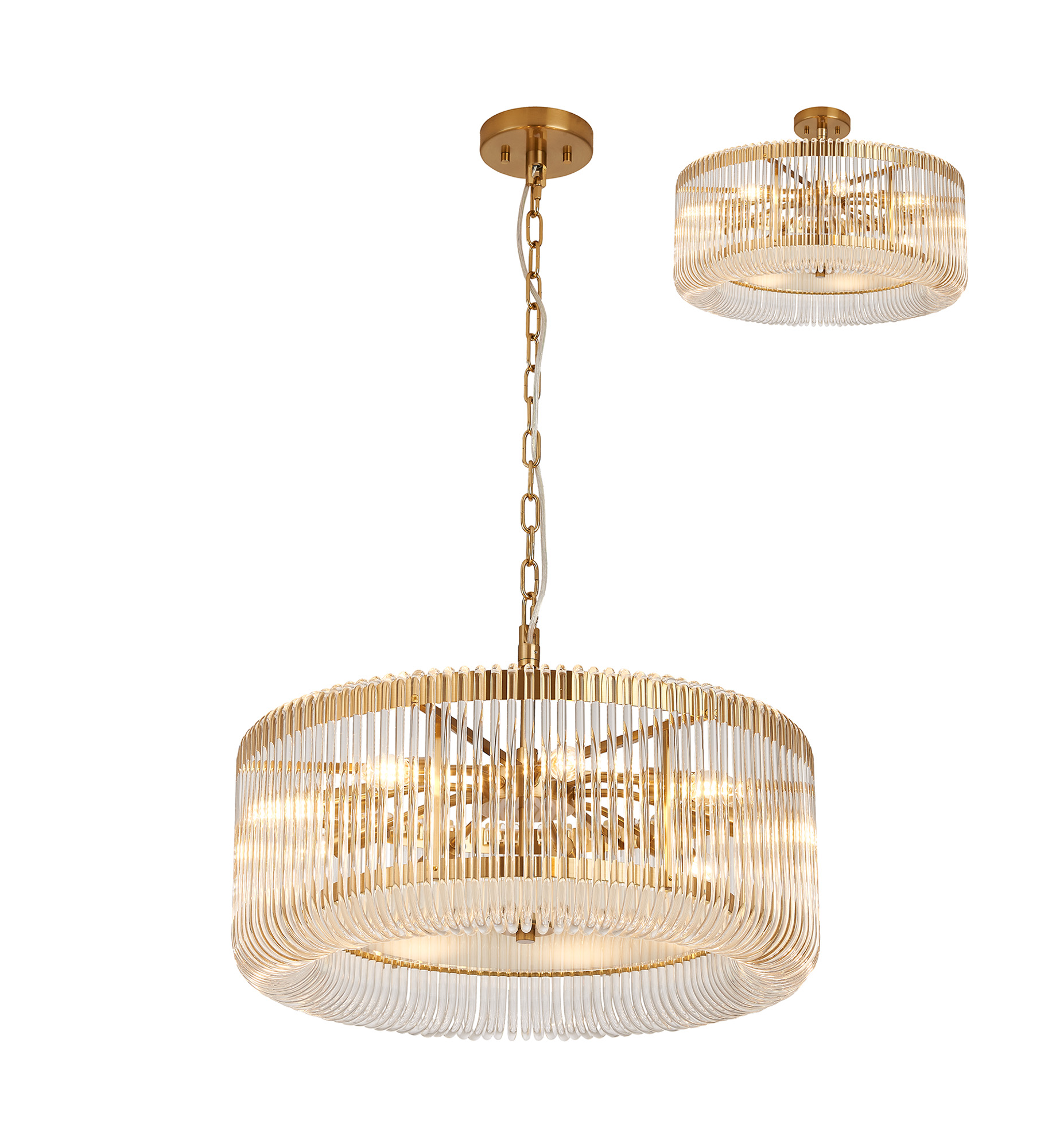 Guzzini 60cm Round Pendant/Semi Ceiling, 9 x E14, Brass/Clear Glass