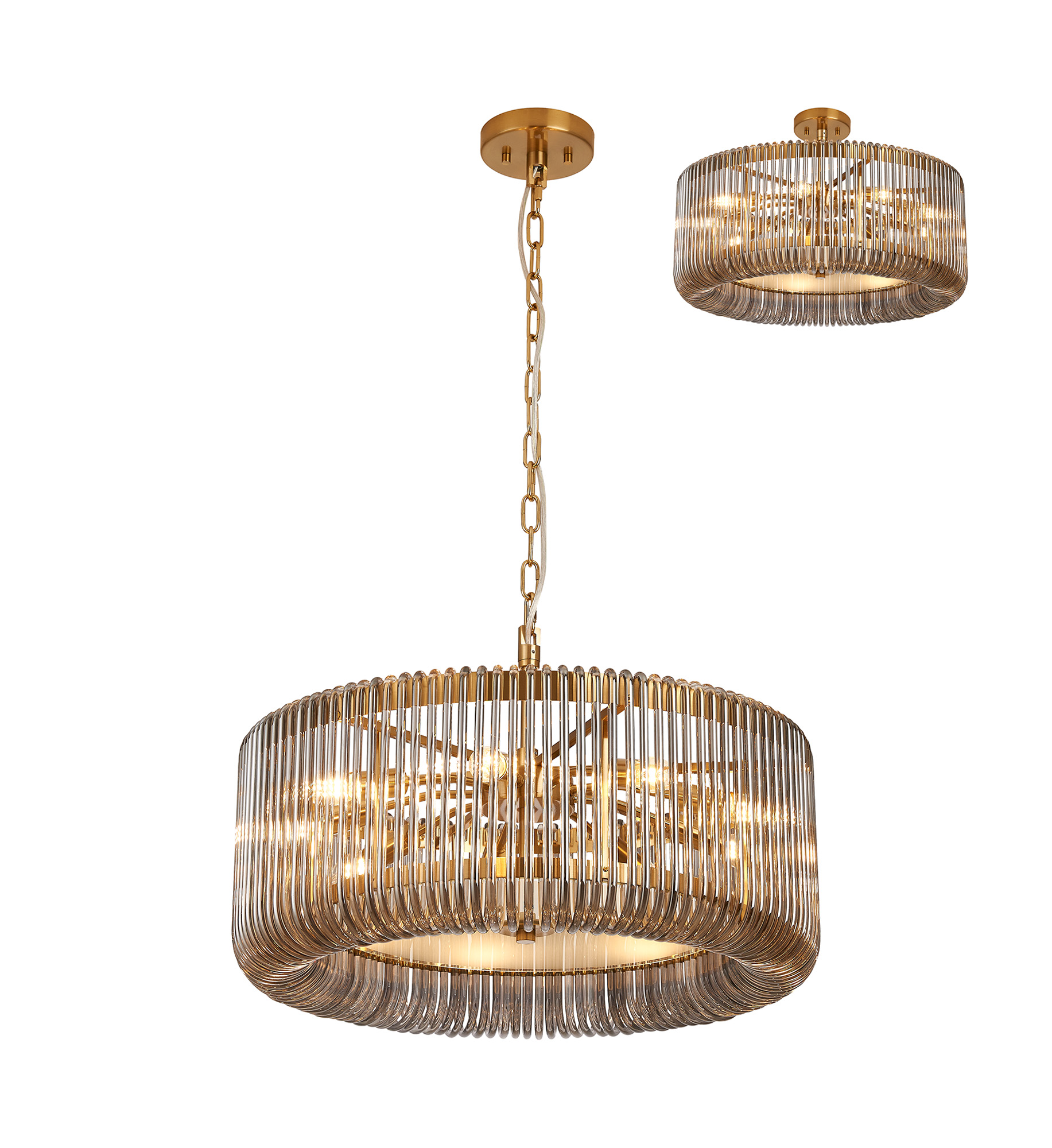 Guzzini 60cm Round Pendant/Semi Ceiling, 9 x E14, Brass/Smoke Glass