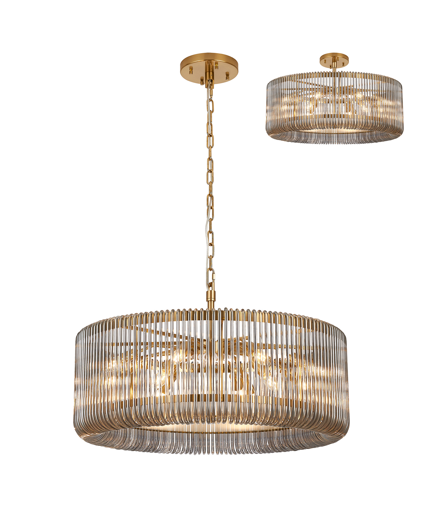 Guzzini 78cm Round Pendant/Semi Ceiling, 12 x E14, Brass/Smoke Glass, Item Weight: 16kg