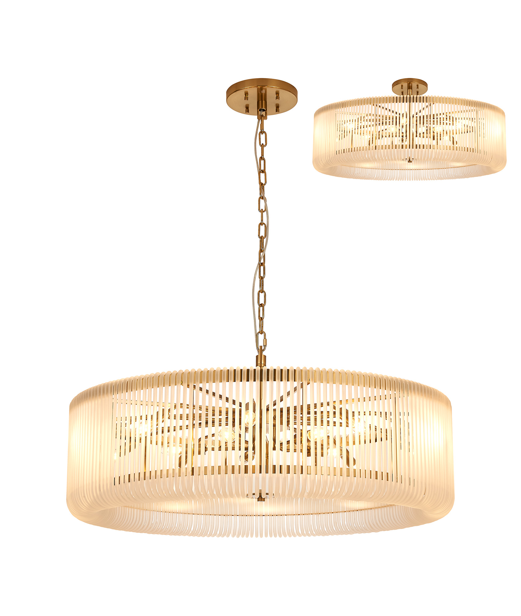 Guzzini 1m Round Pendant/Semi Ceiling, 15 x E14, Brass/Frosted Glass, Item Weight: 22kg