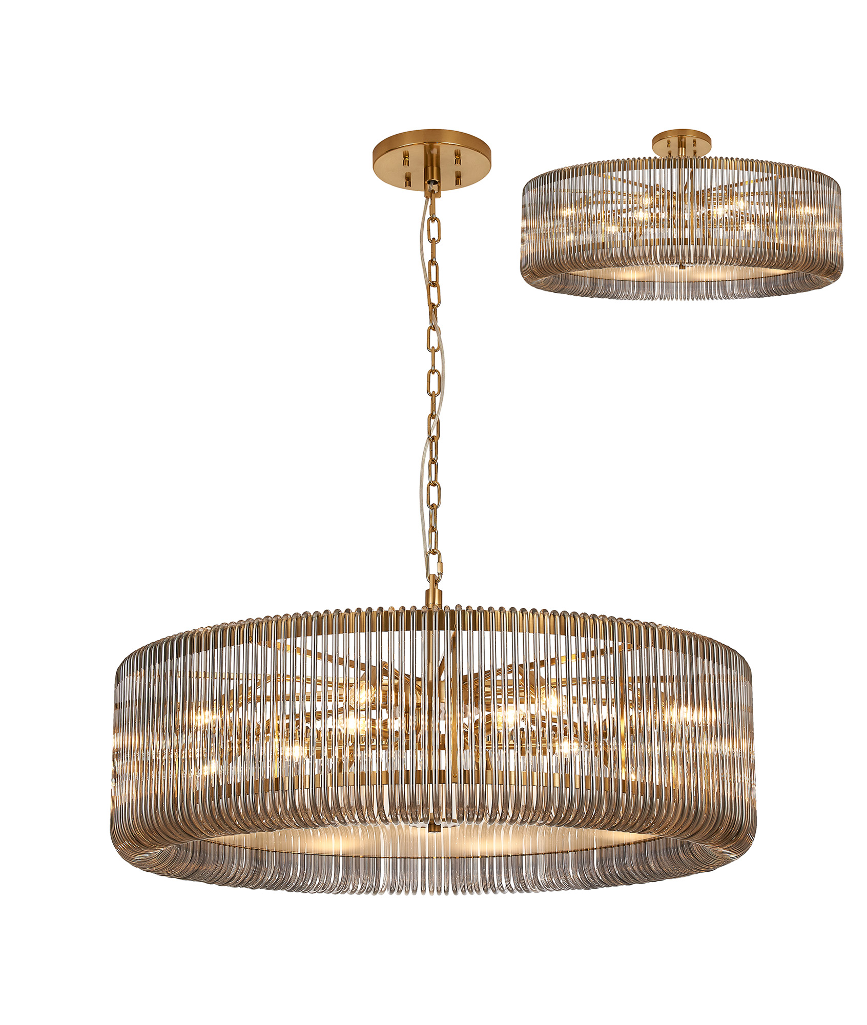 Guzzini 1m Round Pendant/Semi Ceiling, 15 x E14, Brass/Smoke Glass, Item Weight: 22kg
