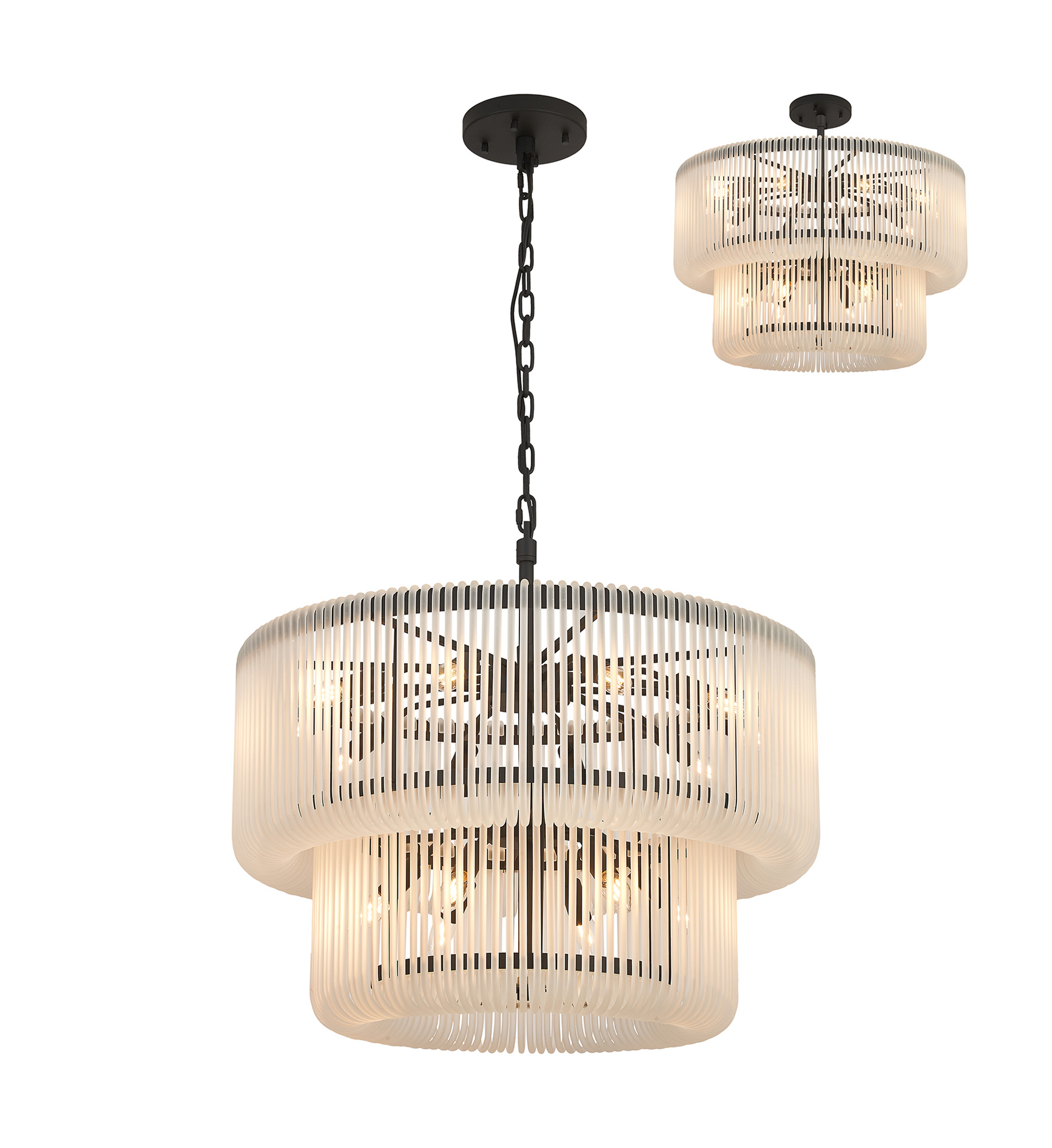 Guzzini 78cm 2 Tier Round Pendant/Semi Ceiling, 16 x E14, Black/Frosted Glass, Item Weight: 28kg