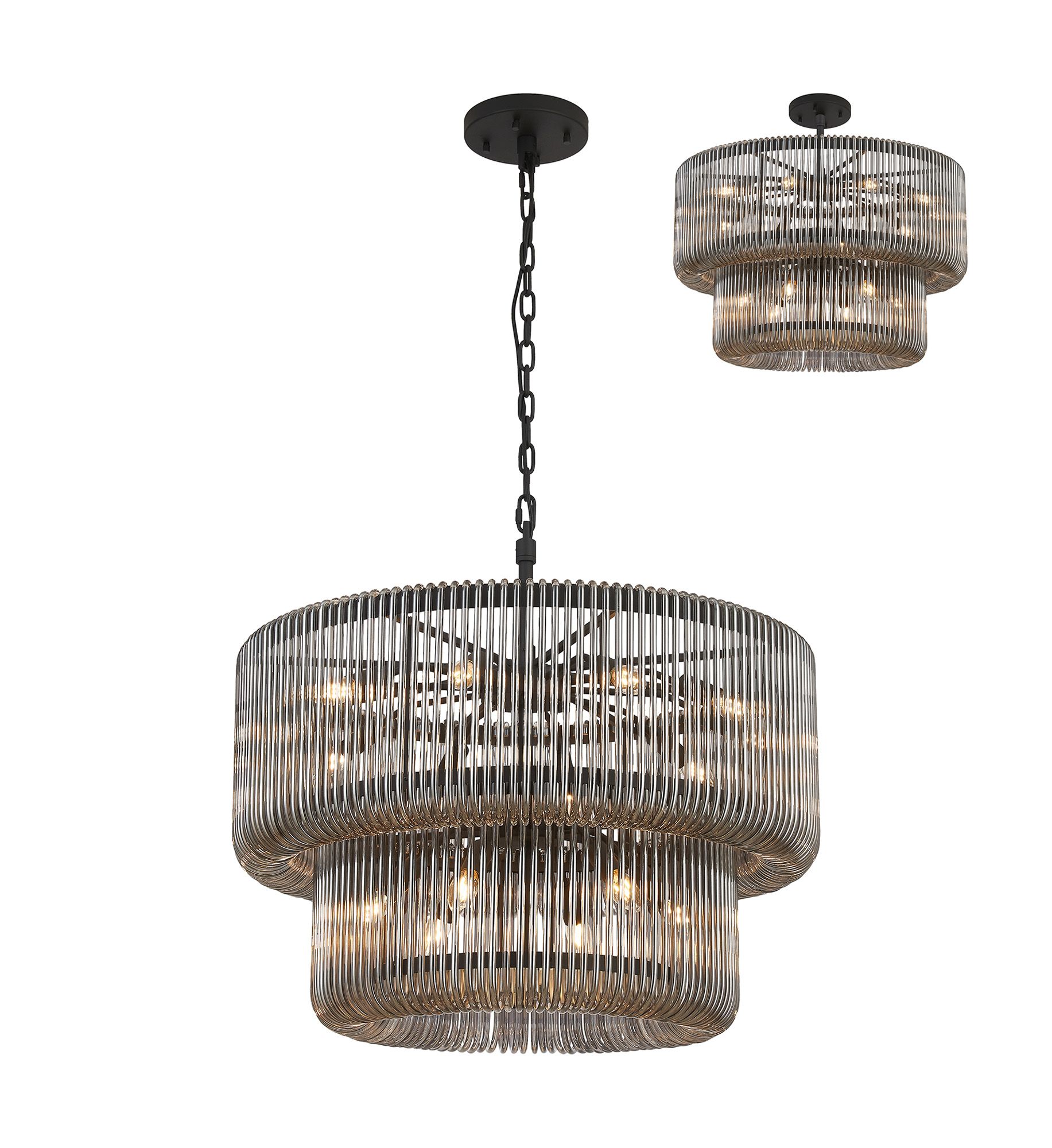 Guzzini 78cm 2 Tier Round Pendant/Semi Ceiling, 16 x E14, Black/Smoke Glass, Item Weight: 28kg