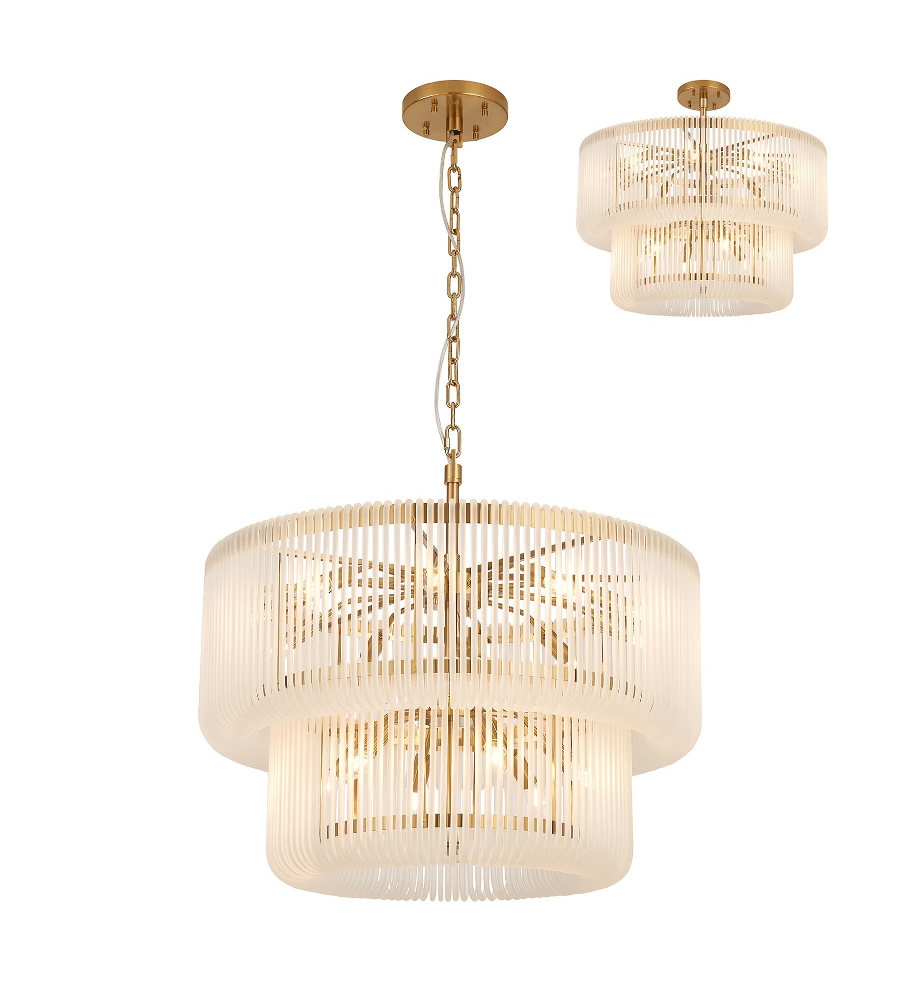 Guzzini 78cm 2 Tier Round Pendant/Semi Ceiling, 16 x E14, Brass/Frosted Glass, Item Weight 28kg