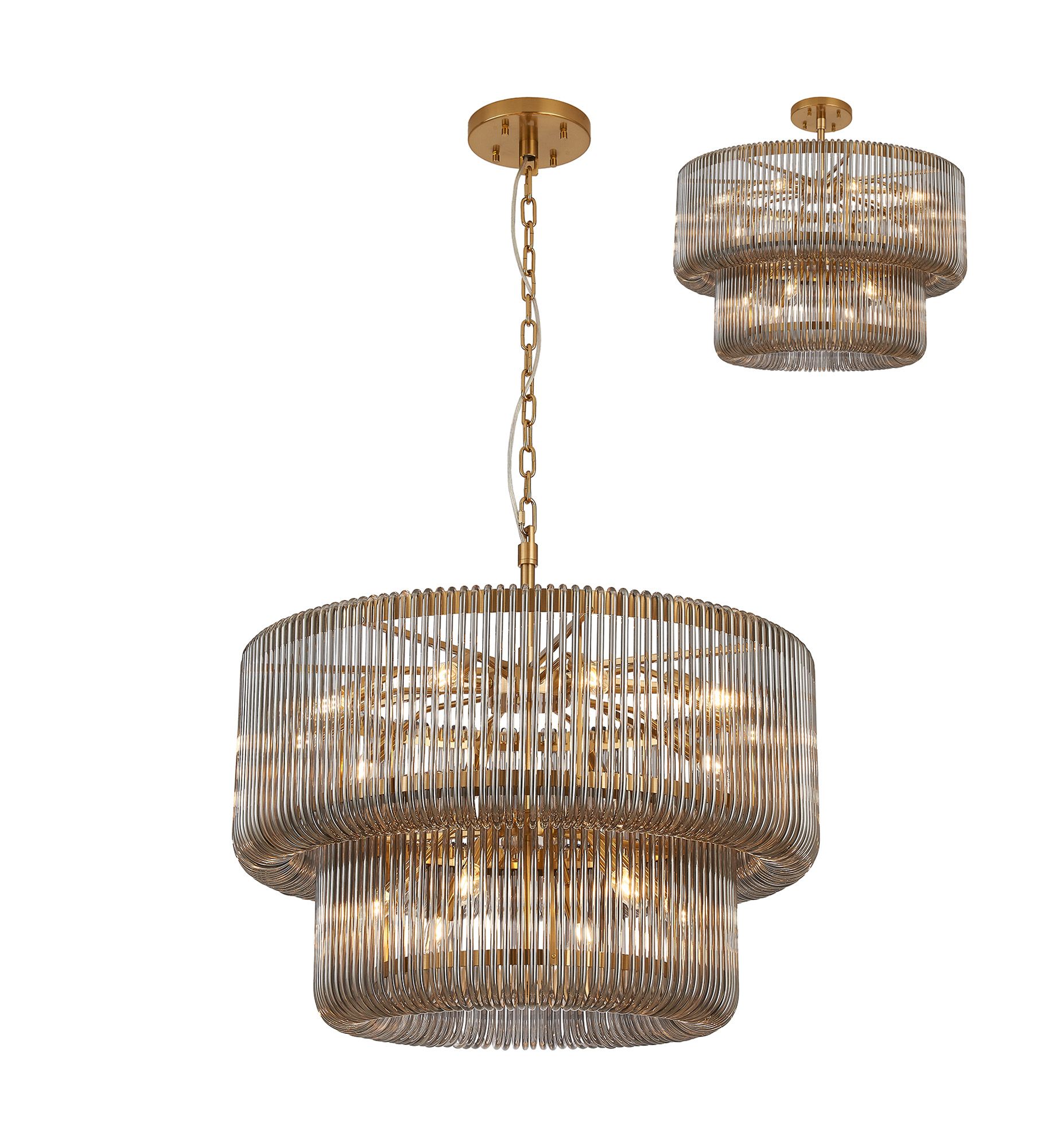 Guzzini 78cm 2 Tier Round Pendant/Semi Ceiling, 16 x E14, Brass/Smoke Glass, Item Weight 28kg