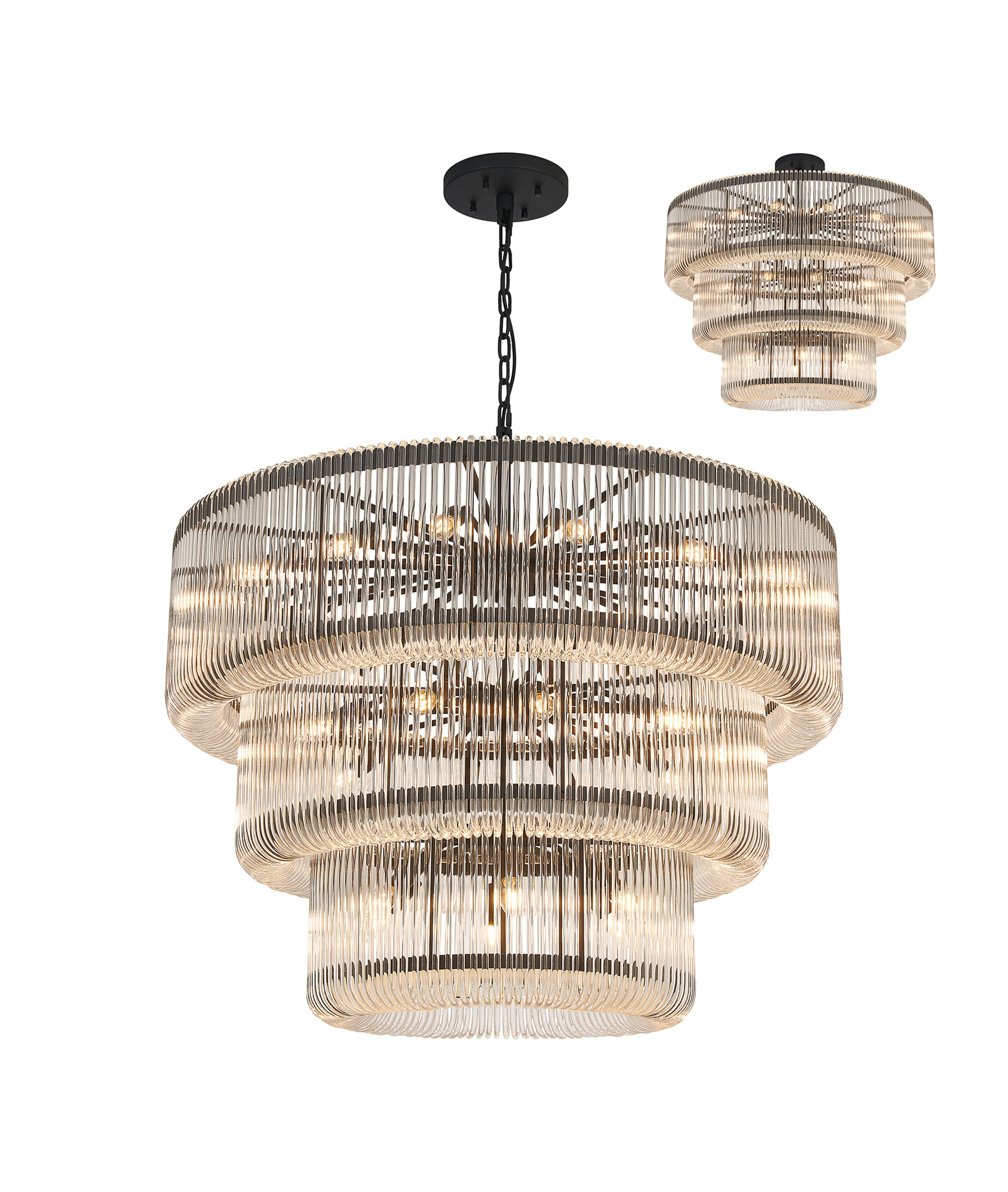 Jules, 100cm 3 Tier Round Pendant/Semi Ceiling, 32 x E14, Black/Clear Glass, Item Weight 47kg