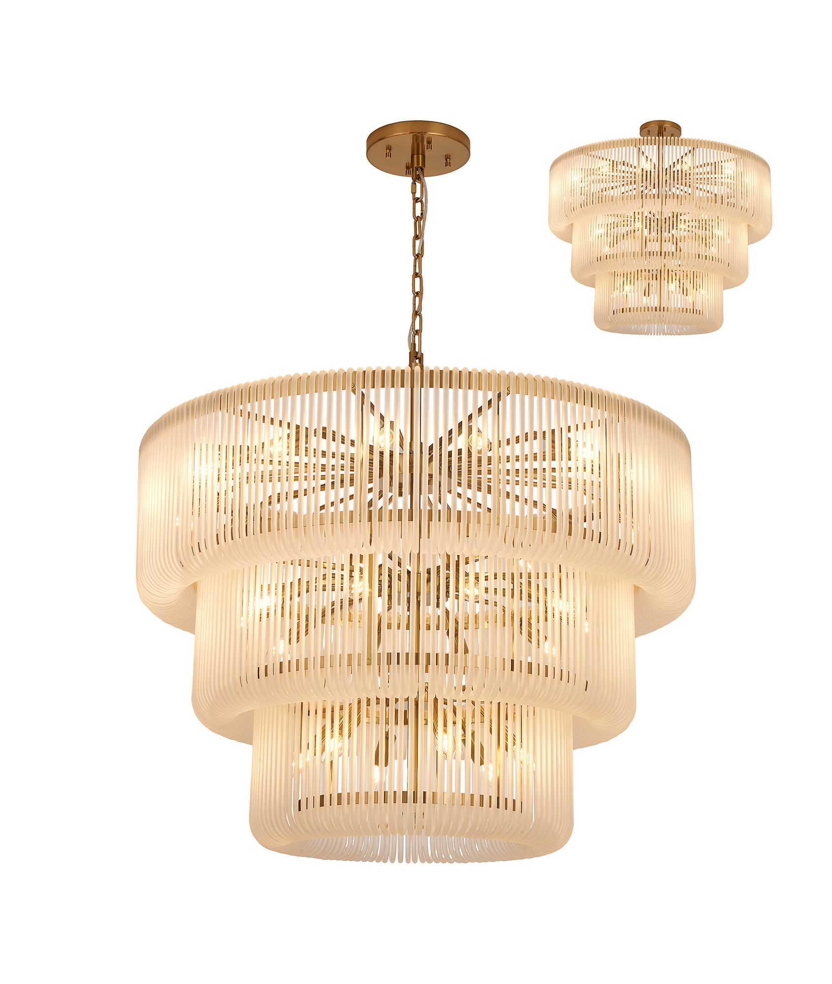 Jules, 100cm 3 Tier Round Pendant/Semi Ceiling, 32 x E14, Brass/Frosted Glass, Item Weight 47kg