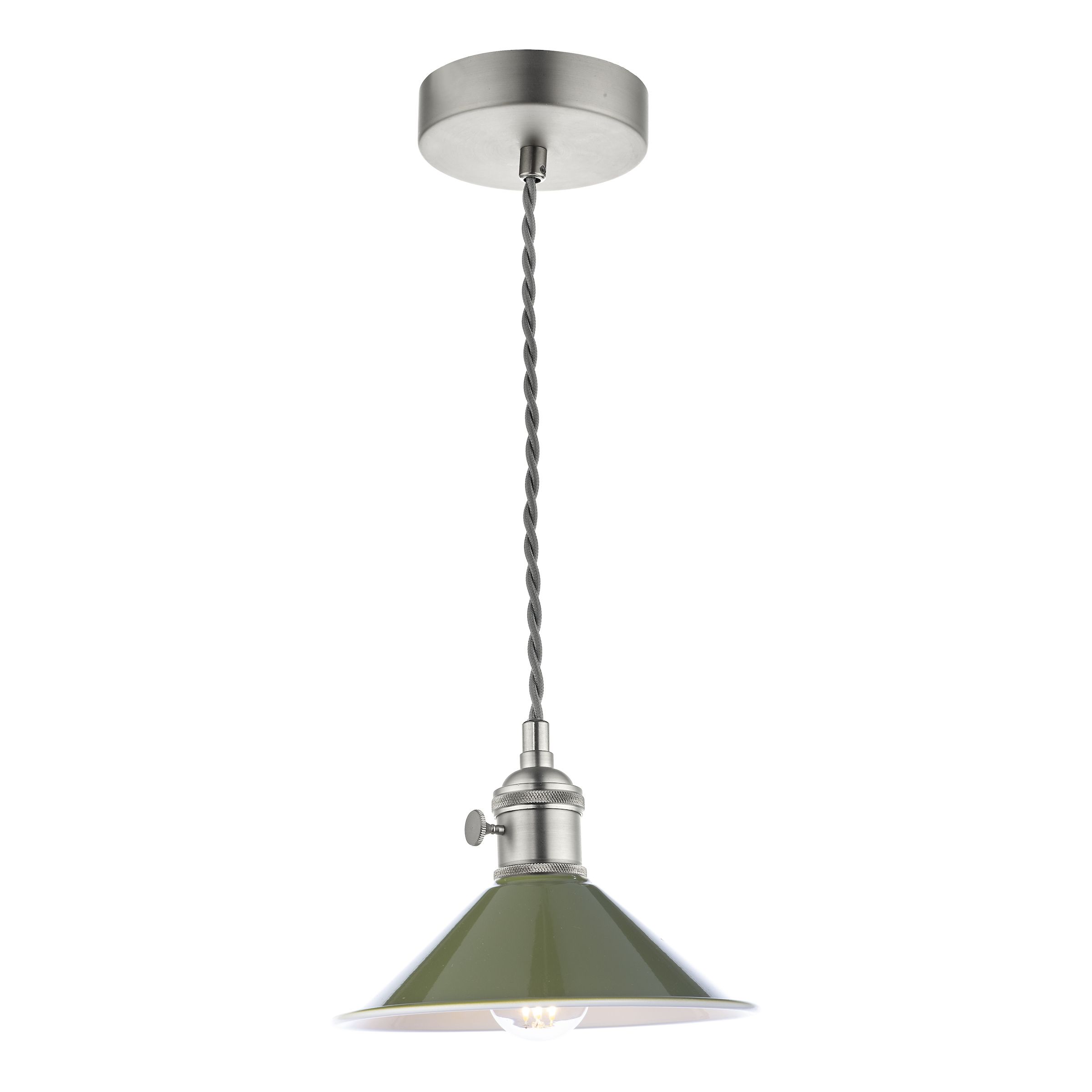 Grapadora 1 Light E14 Antique Chrome Adjustable Pendant C/W Olive Green Shade