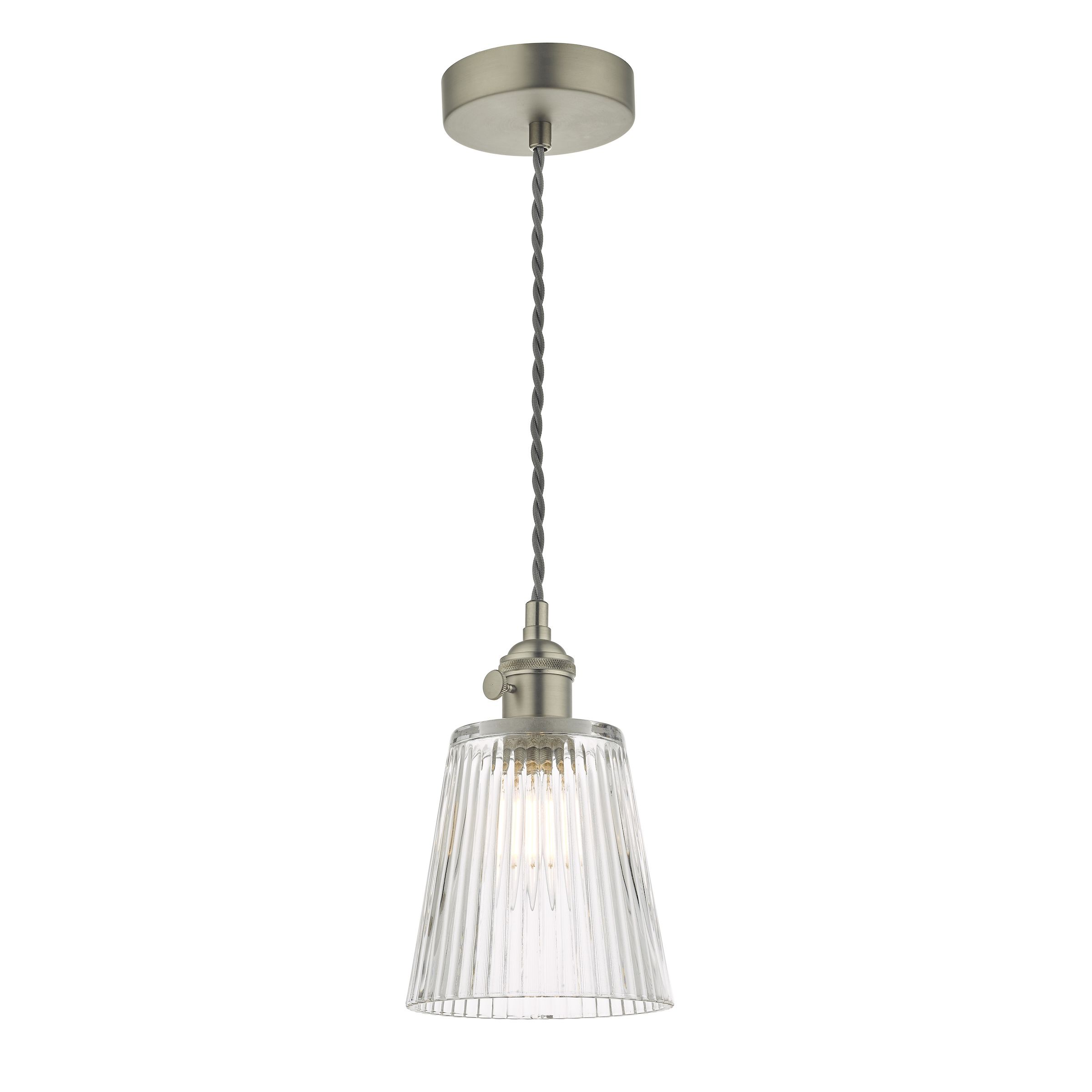 Grapadora 1 Light E14 Antique Chrome Adjustable Pendant With Ribbed Glass Shade