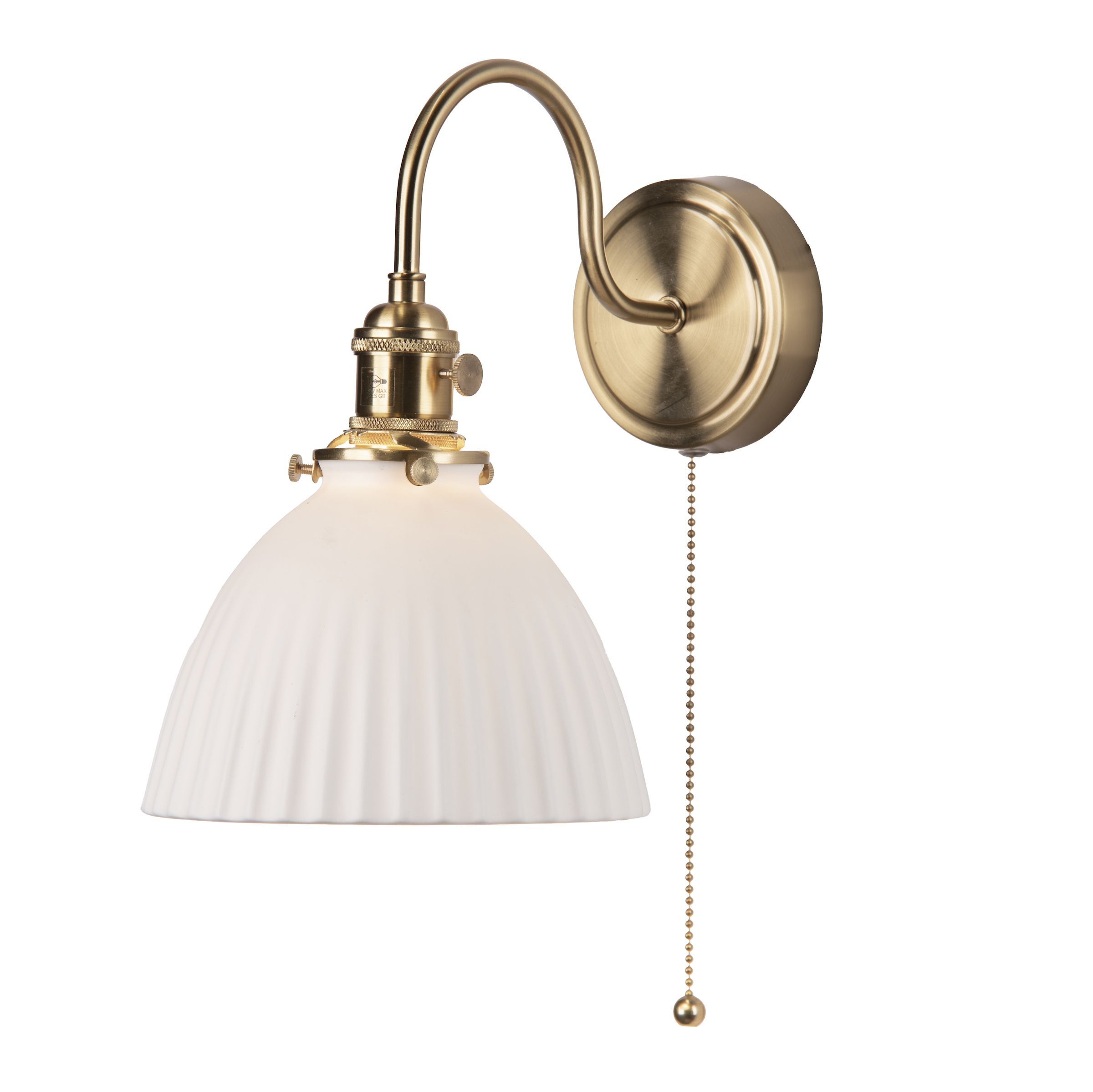 Grapadora 1 Light E14 Natural Brass Wall Light With Pullcord Switch C/W Pulque Ceramic Domed Shade