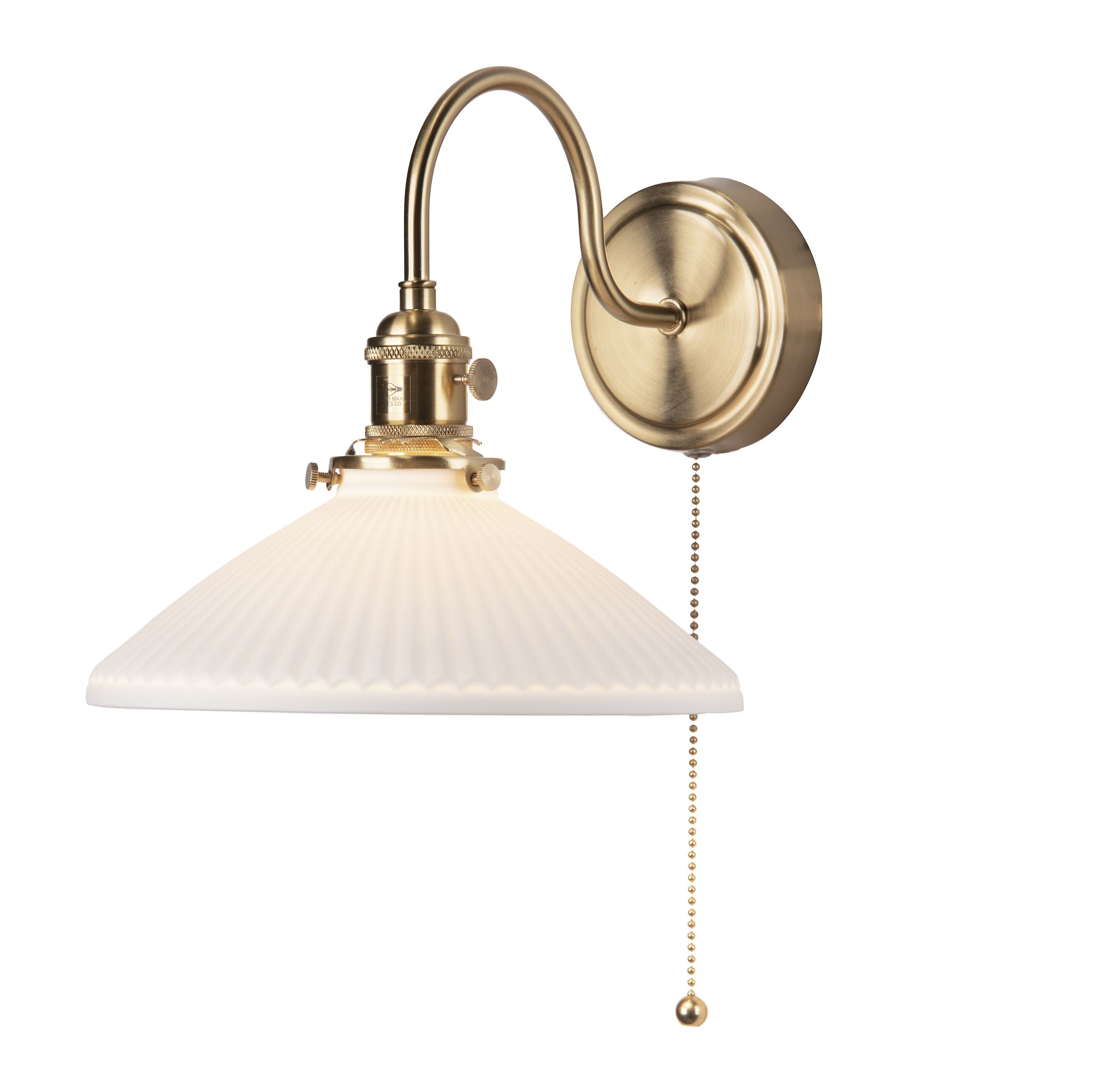 Grapadora 1 Light E14 Natural Brass Wall Light With Pullcord Switch C/W Pulque Ceramic Shallow Shade