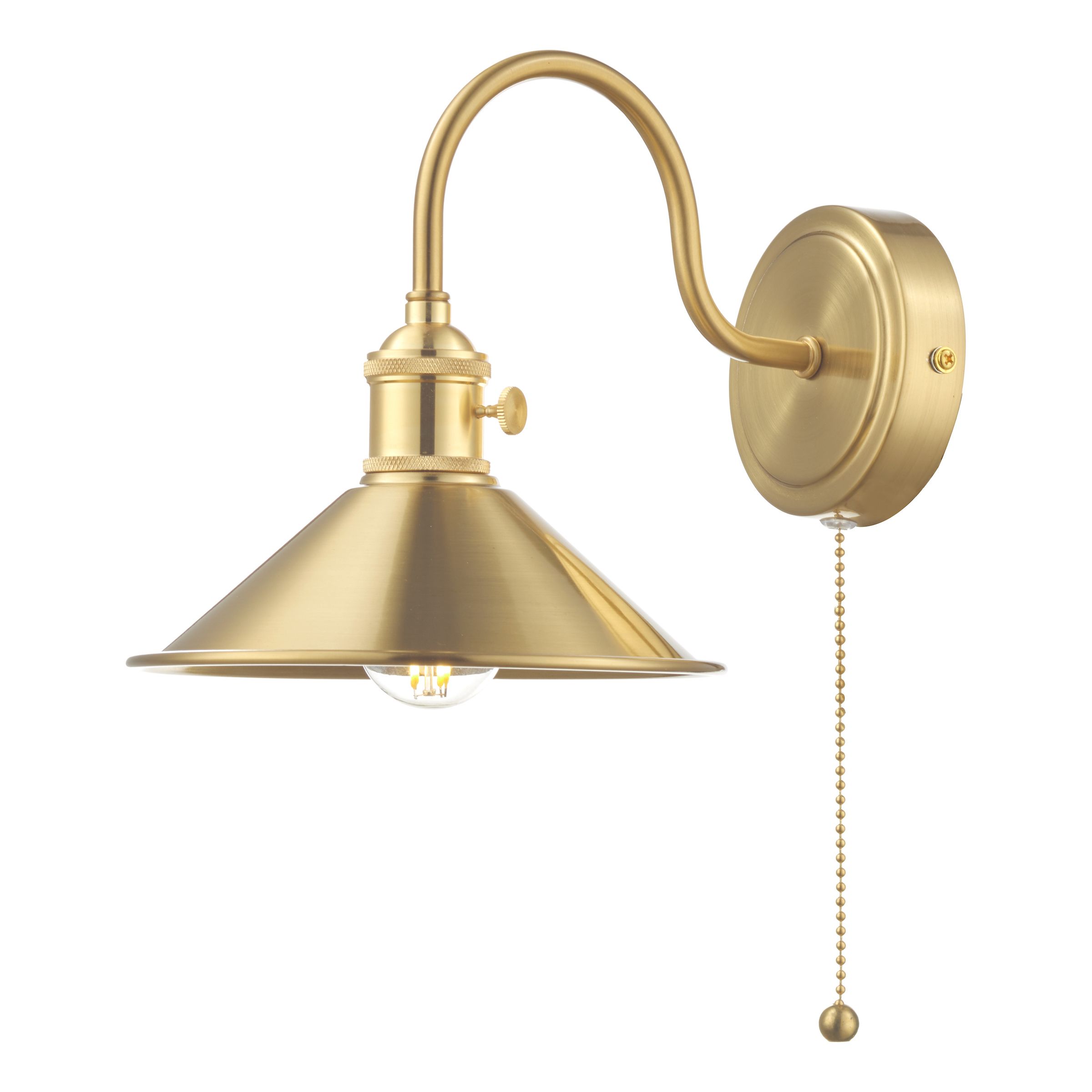 Grapadora 1 Light E14 Natural Brass Wall Light With Pull Cord C/W Natural Brass Shade