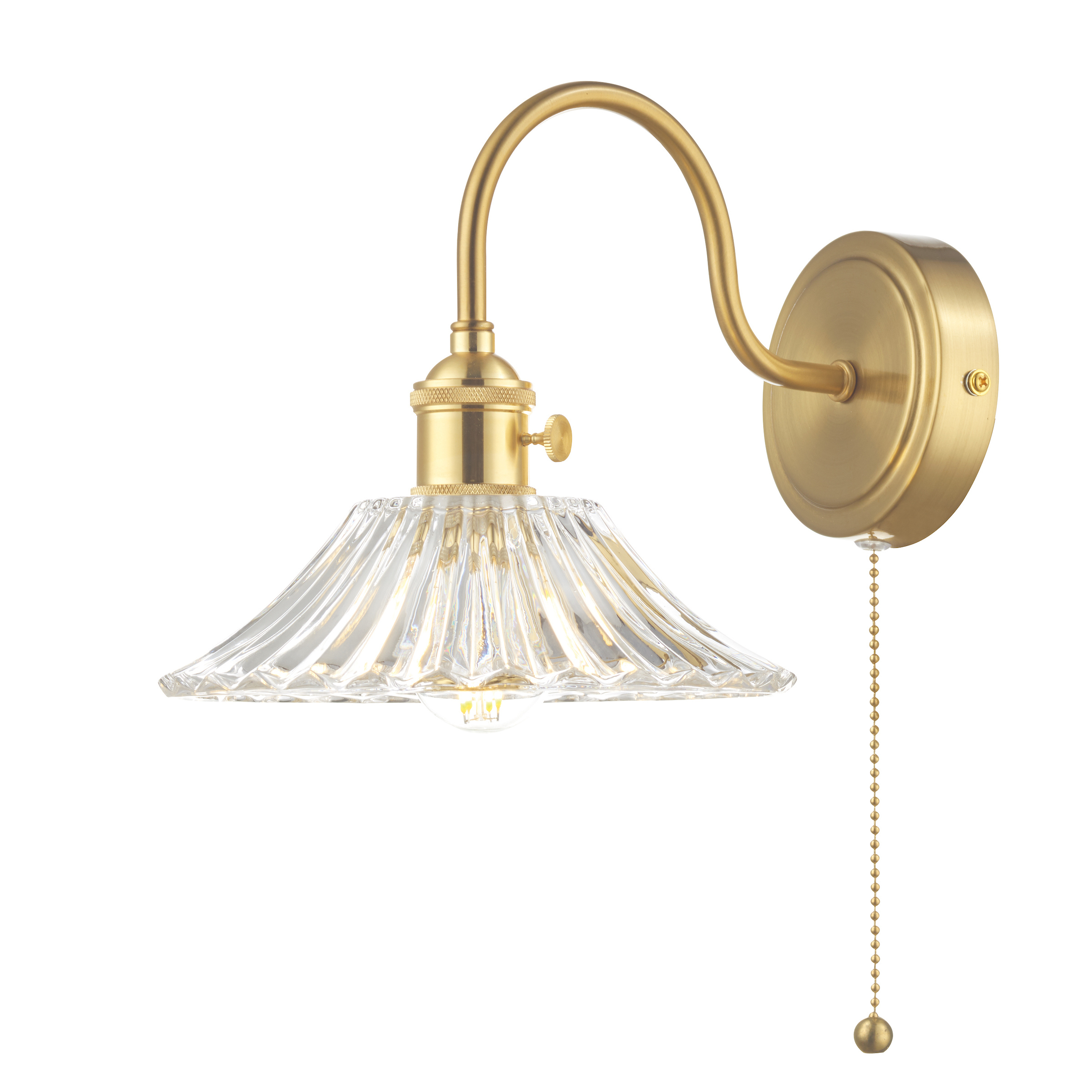 Grapadora 1 Light E14 Natural Brass Wall Light With Pull Cord C/W Flared Glass Shade