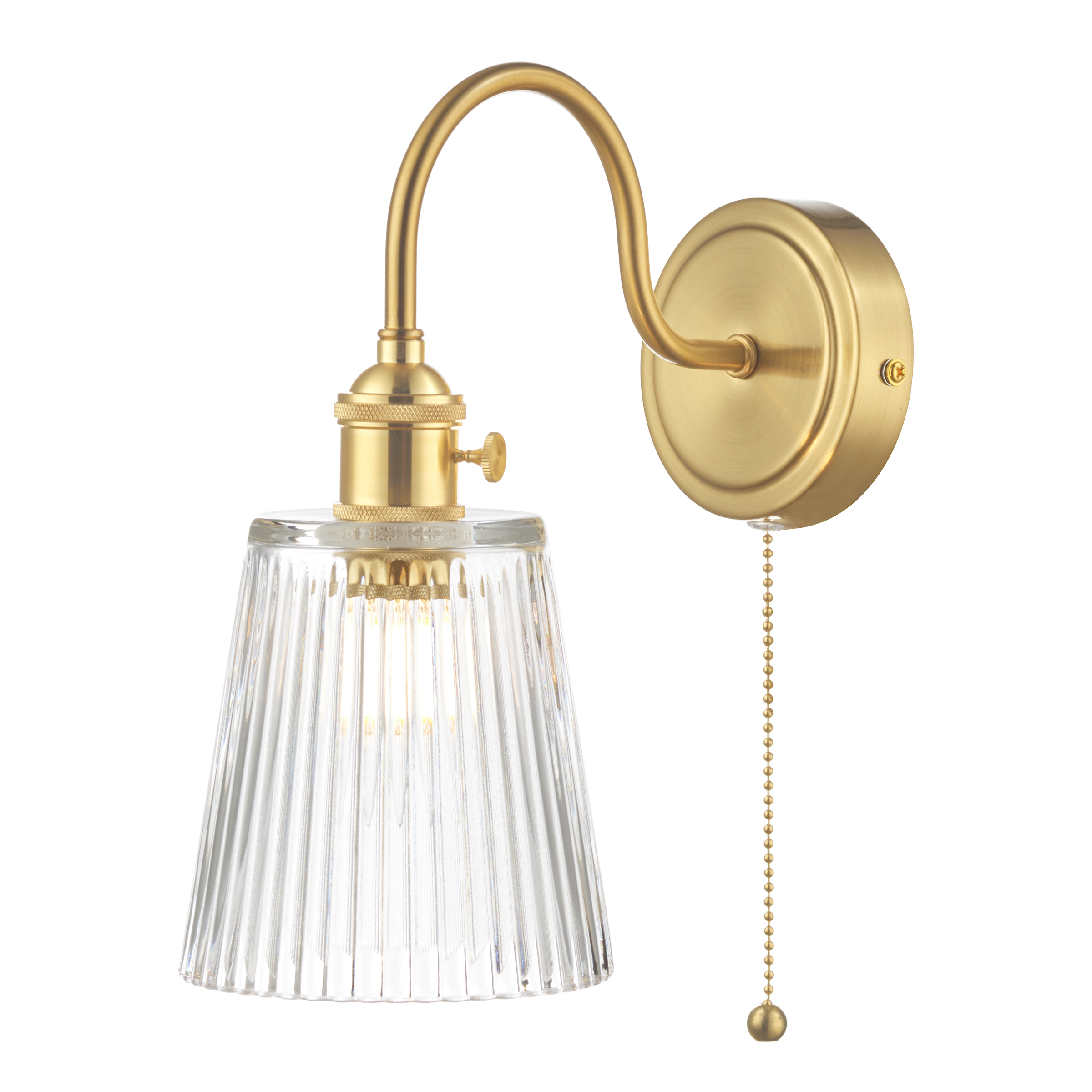 Grapadora 1 Light E14 Natural Brass Wall Light With Pull Cord C/W Ribbed Glass Shade