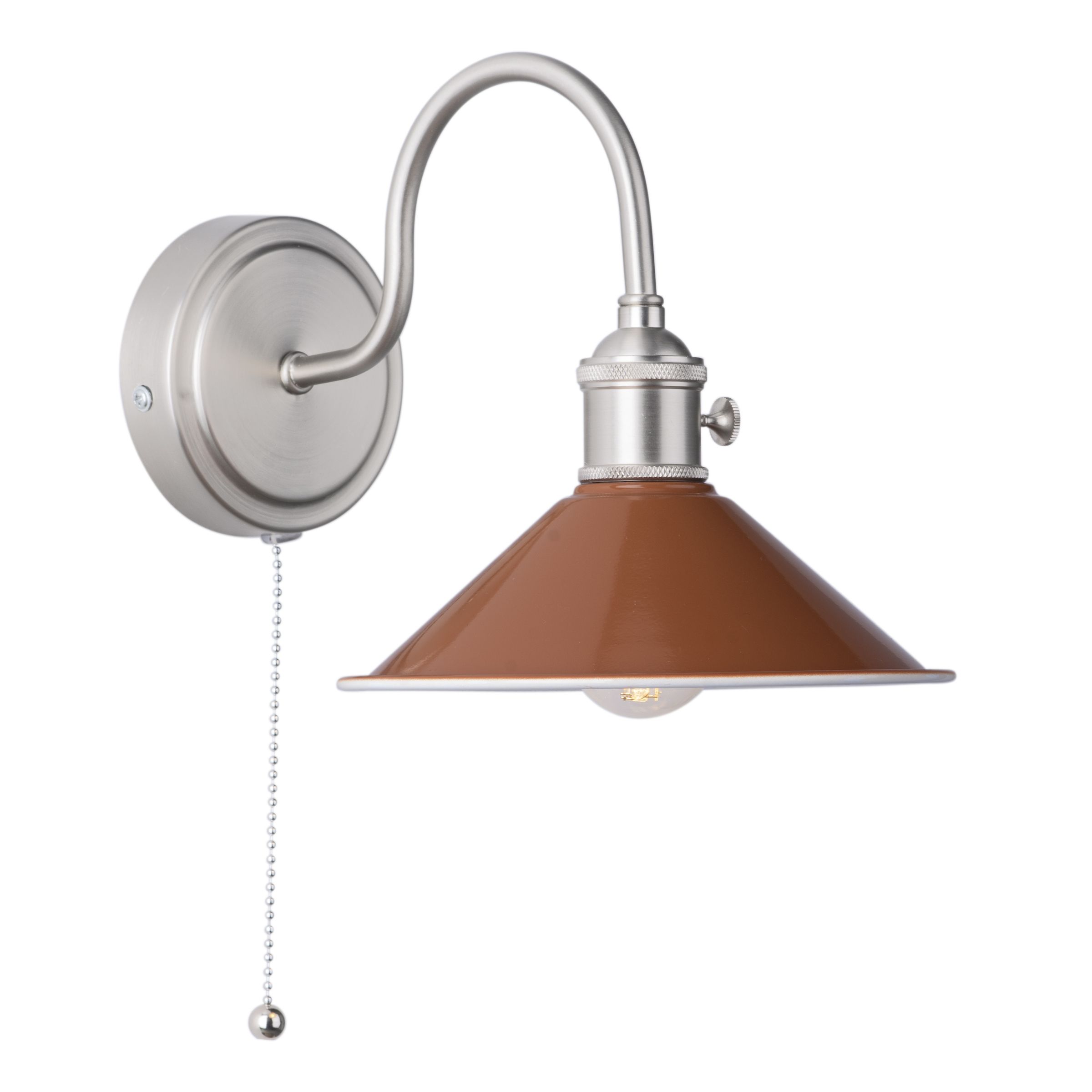 Grapadora 1 Light E14 Antique Chrome Wall Light With Pull Cord C/W Umber Shade