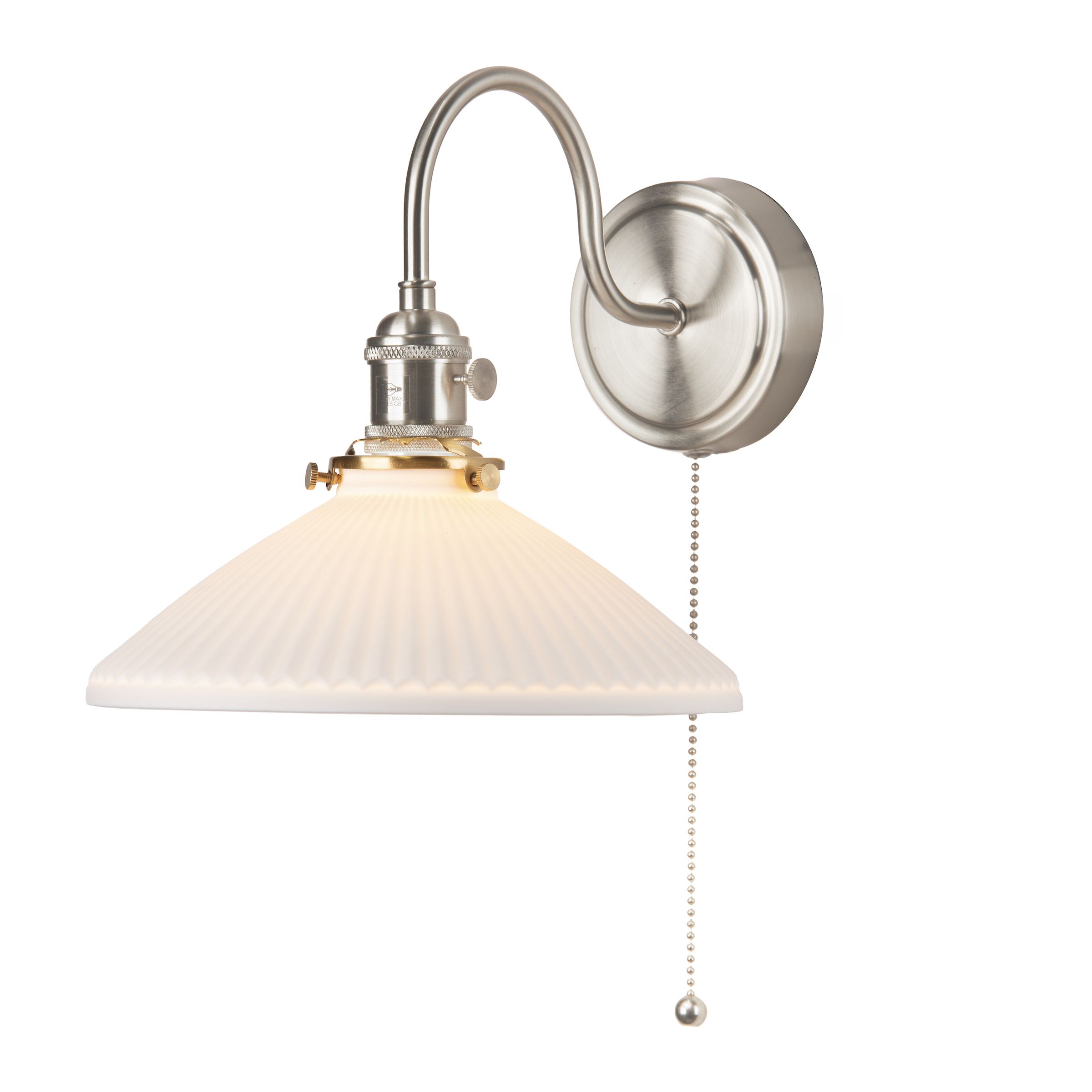 Grapadora 1 Light E14 Antique Chome Wall Light With Pullcord Switch C/W Pulque Ceramic Shallow Shade