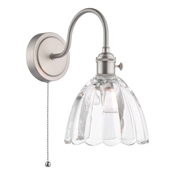 Grapadora 1 Light E14 Antique Chrome Wall Light With Pull Cord C/W Scalloped Bell Glass Shade