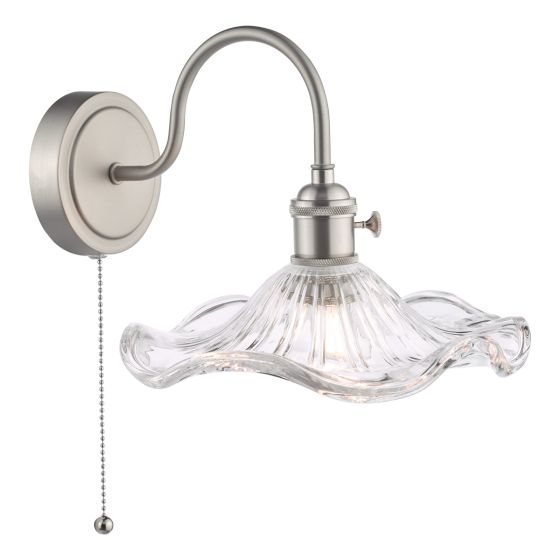 Grapadora 1 Light E14 Antique Chrome Wall Light With Pull Cord C/W Wavy Glass Shade