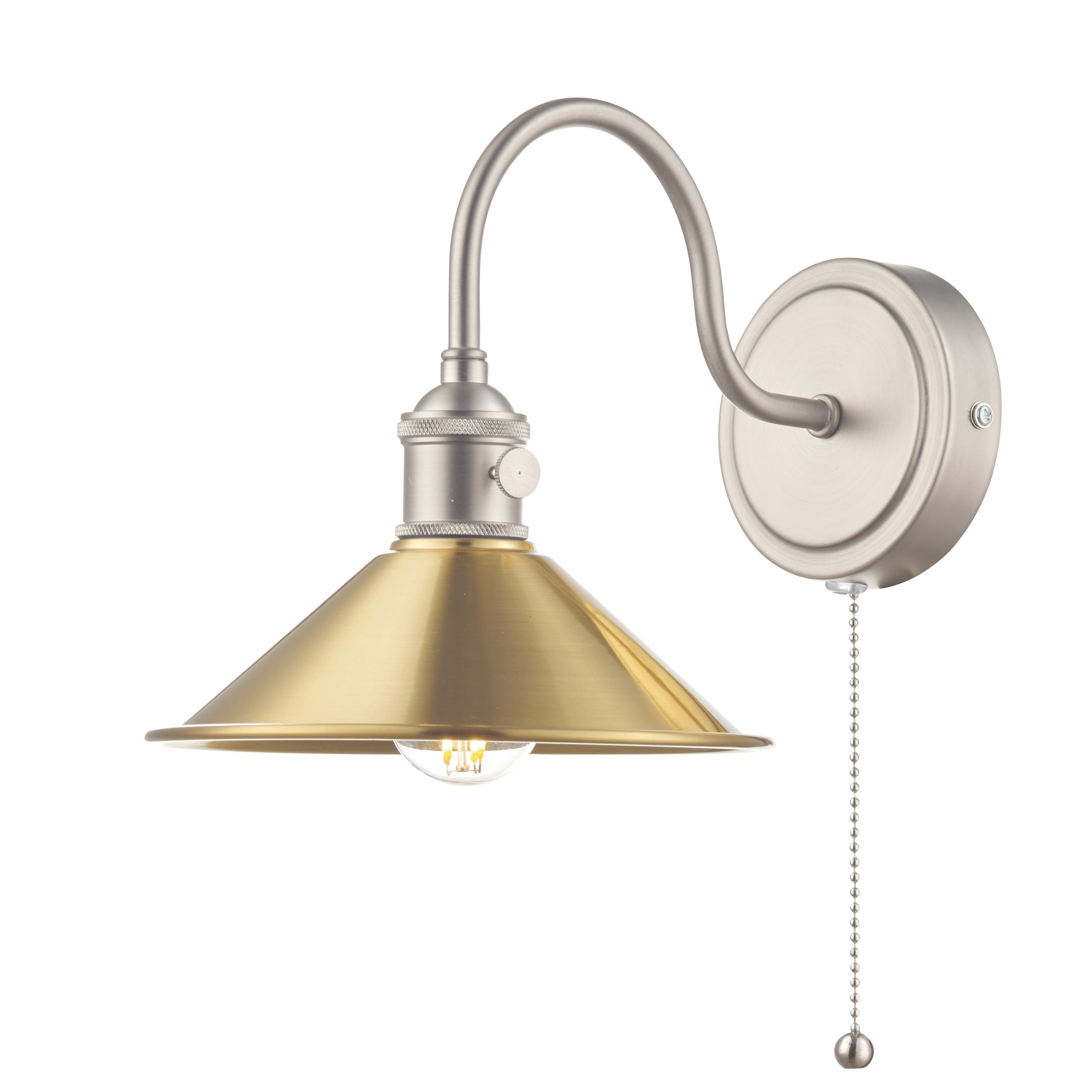 Grapadora 1 Light E14 Antique Chrome Wall Light With Pull Cord C/W Aged Brass Shade