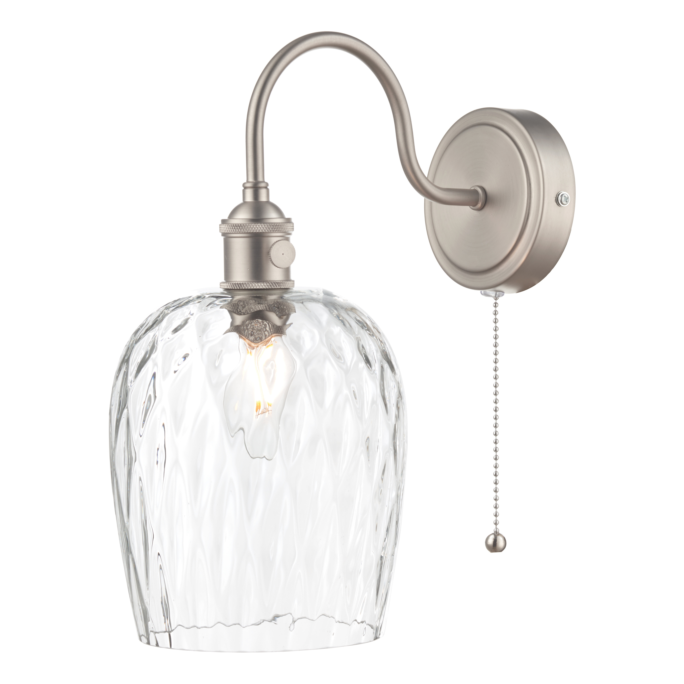 Grapadora 1 Light E14 Antique Chrome Wall Light With Pull Cord C/W Dimpled Glass Shade