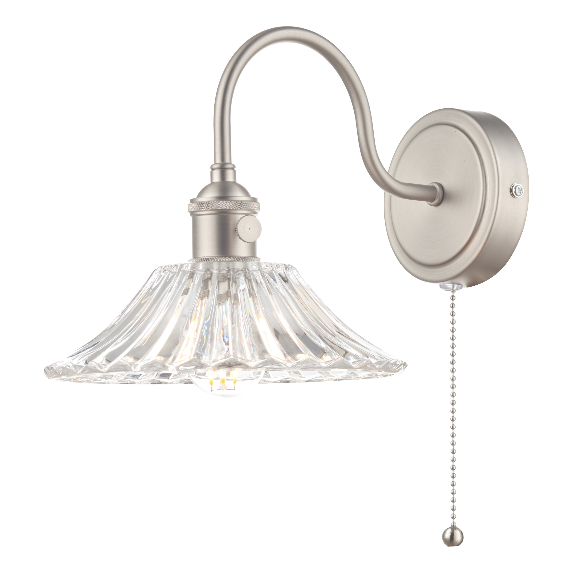 Grapadora 1 Light E14 Antique Chrome Wall Light With Pull Cord C/W Flared Glass shade