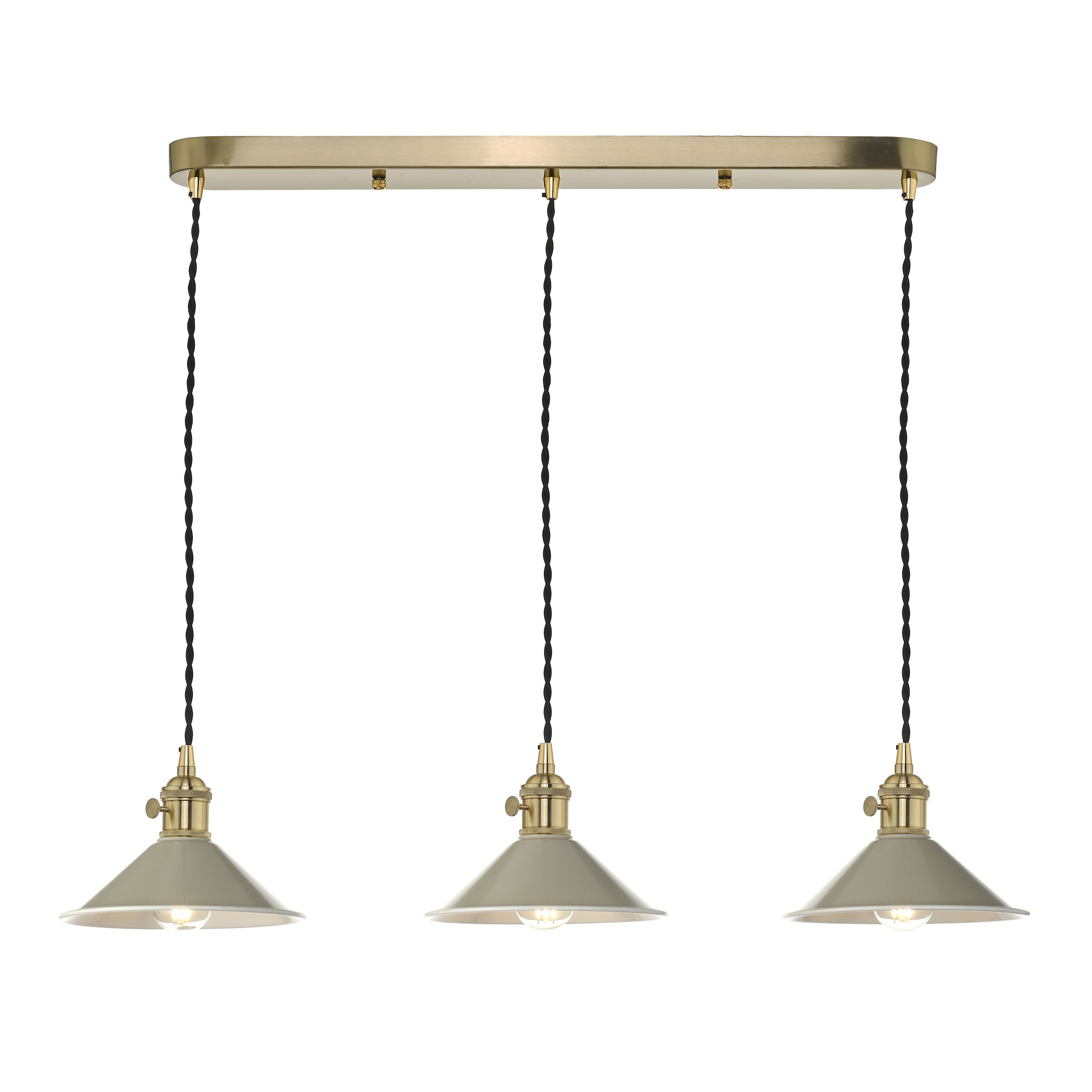 Grapadora 3 Light E14 Natural Brass Adjustable Linear Bar Pendant C/W Cashmere Shades