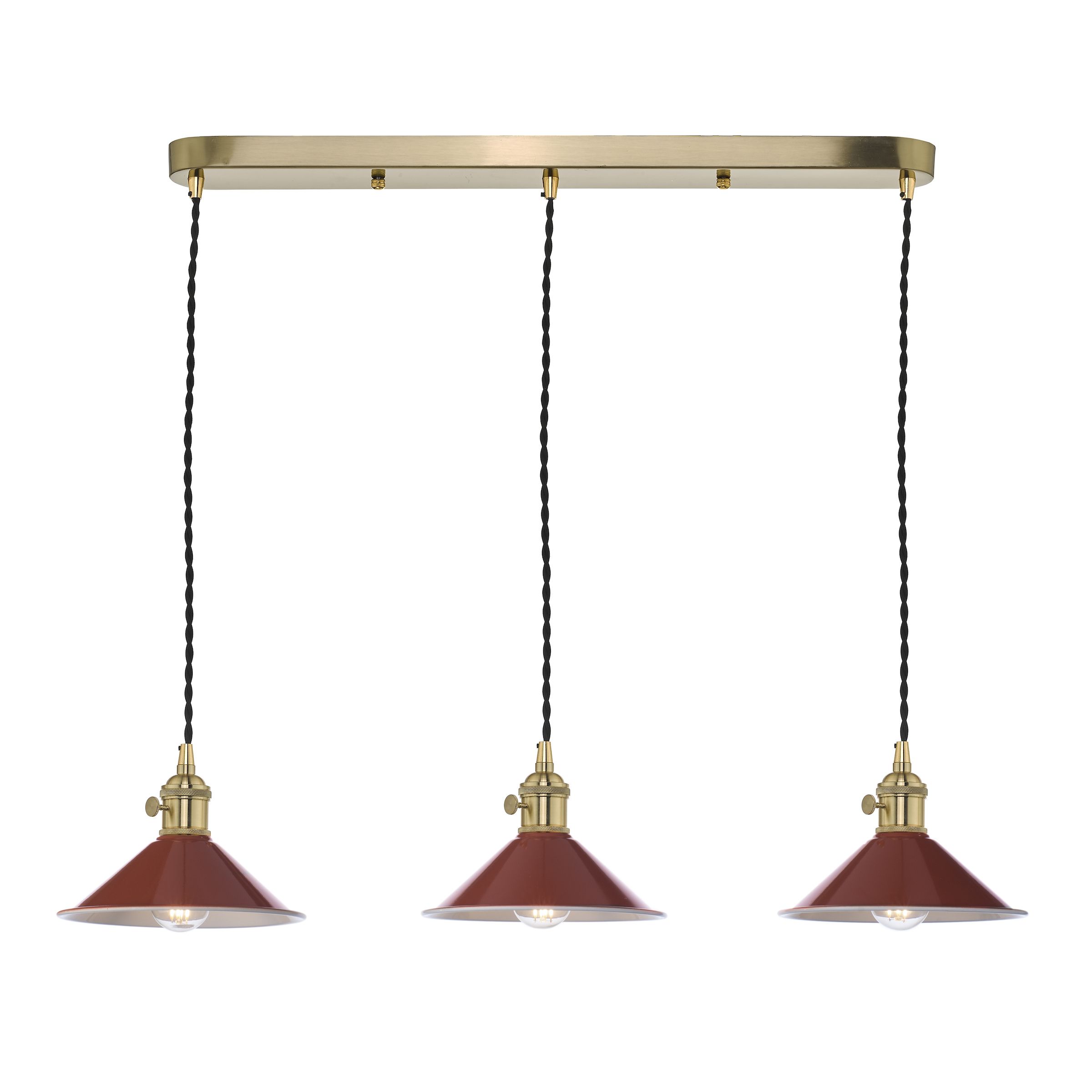 Grapadora 3 Light E14 Natural Brass Adjustable Linear Bar Pendant C/W Umber Shades
