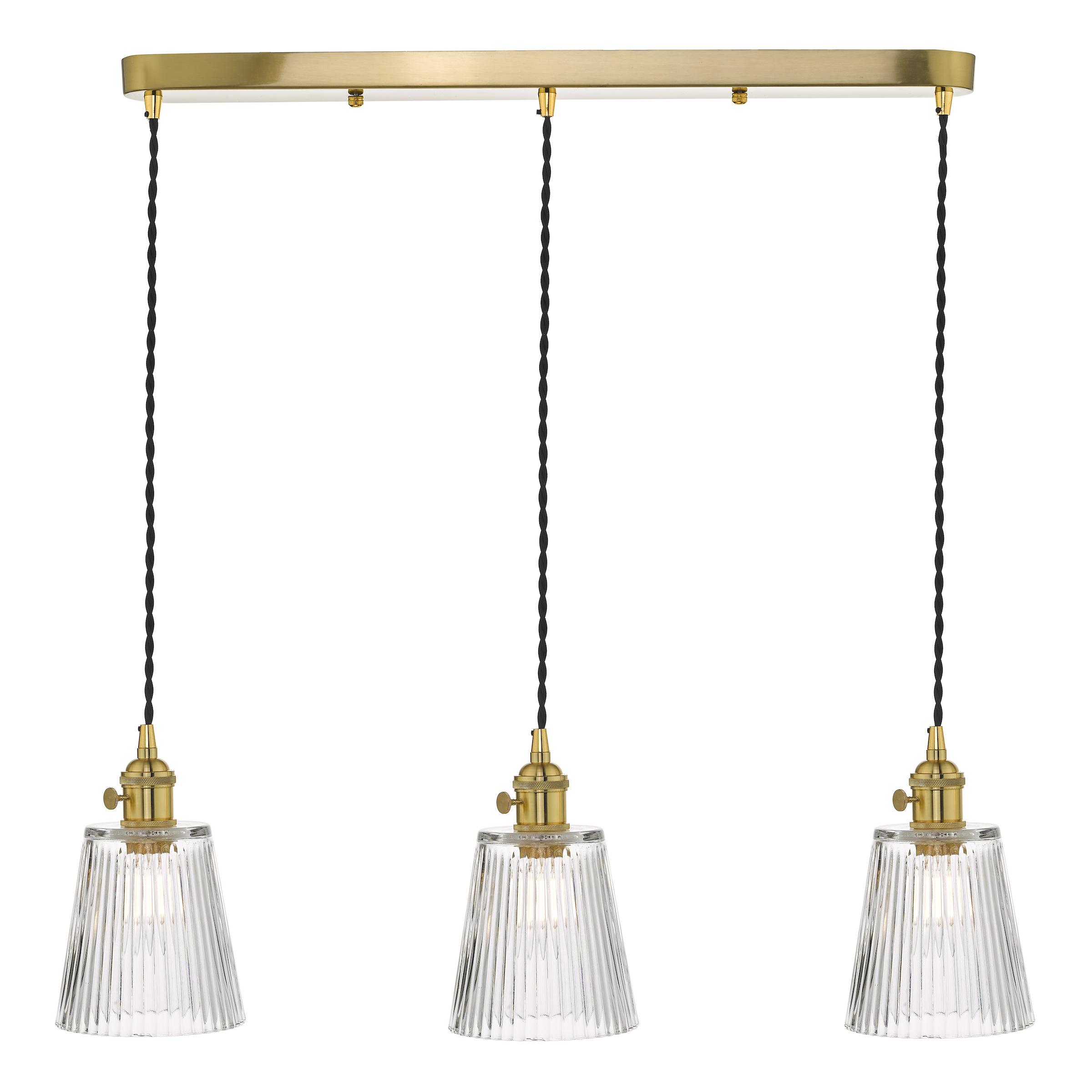 Grapadora 3 Light Natural Brass Adjustable Linear Bar Pendant Ribbed Glass Shades
