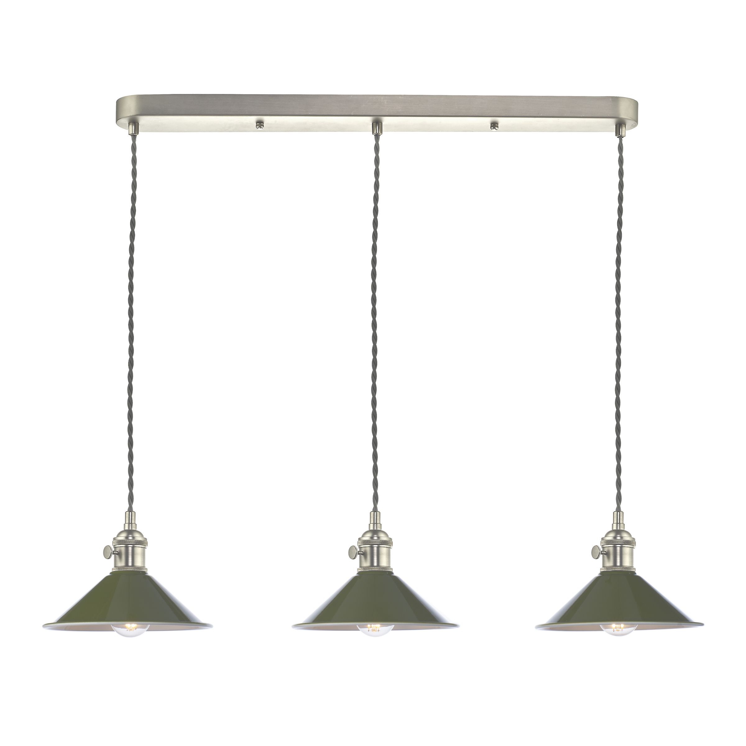 Grapadora 3 Light E14 Antique Chrome Adjustable Linear Bar Pendant C/W Olive Green Shades