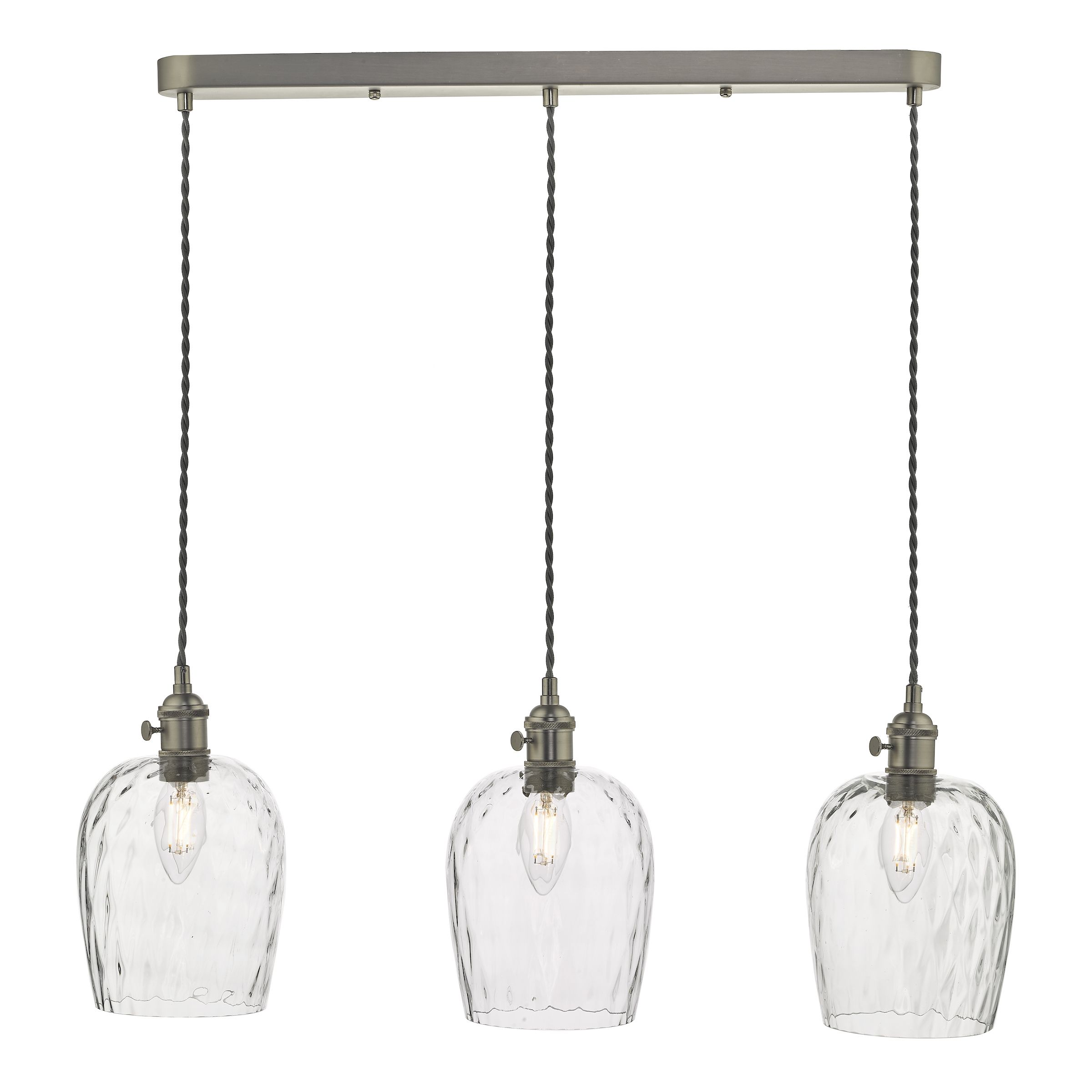 Grapadora 3 Light Antique Chrome Adjustable Linear Bar Pendant Dimpled Glass Shades Finish