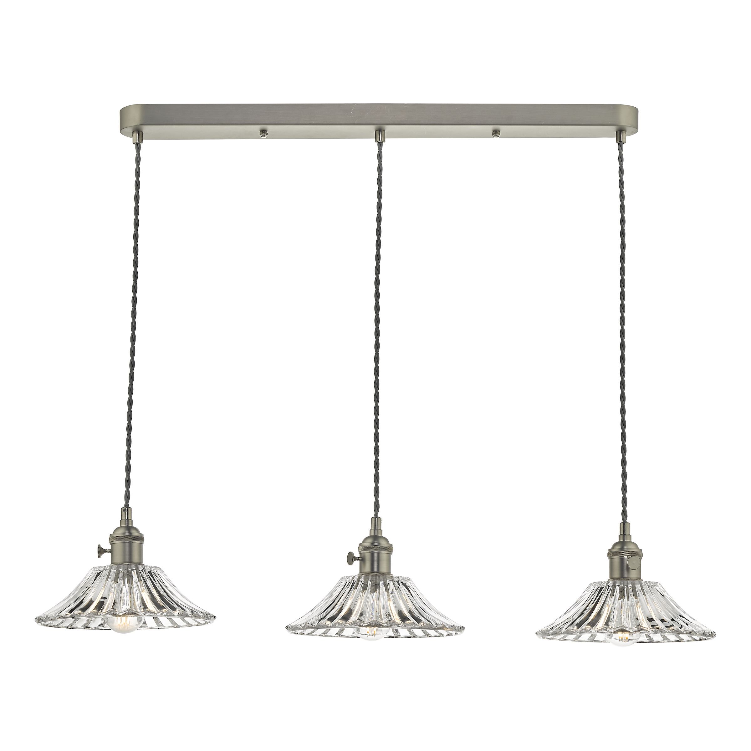Grapadora 3 Light Antique Chrome Adjustable Linear Bar Pendant Flared Glass Shades Finish