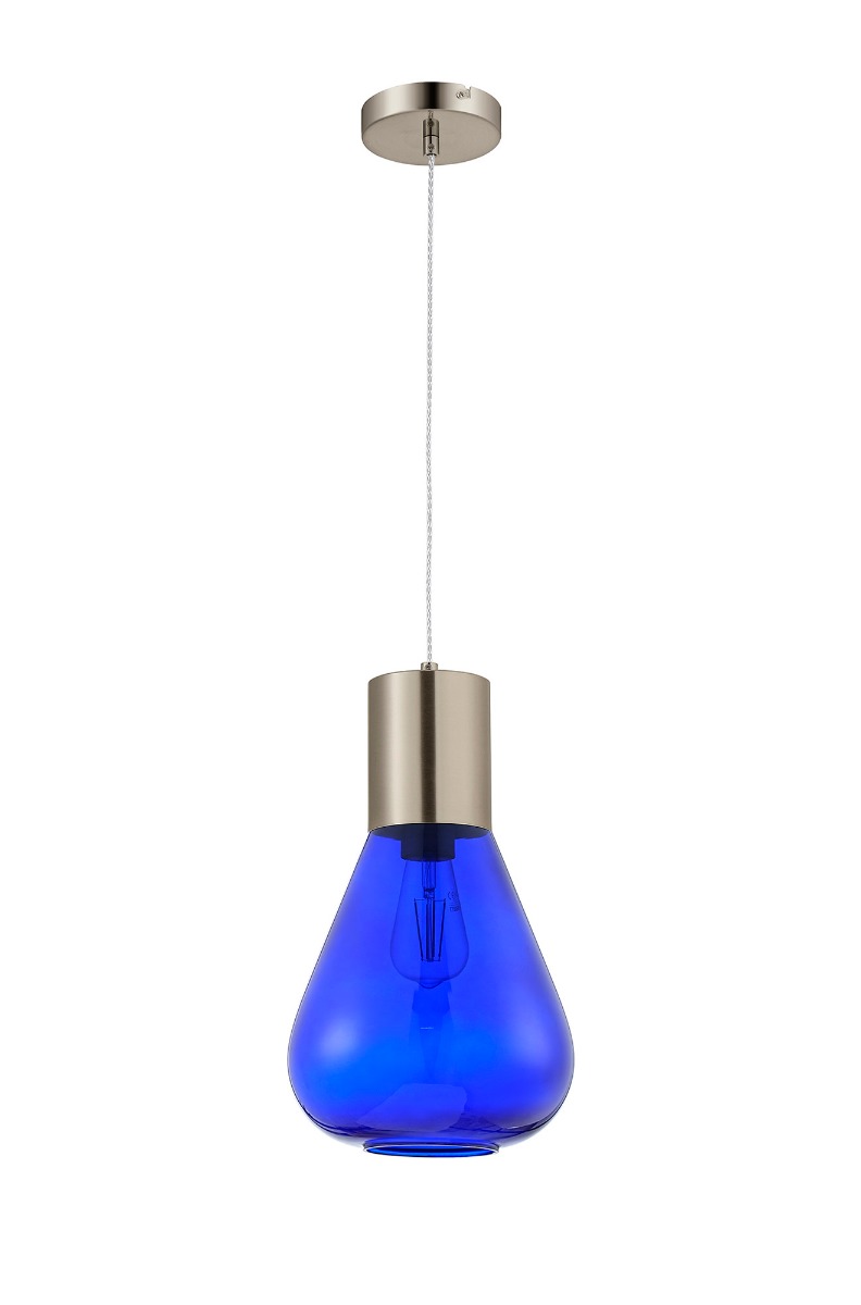 Hark 23cm Narrow Pendant, 1 x E27, Satin Nickel/Blue Ink Glass